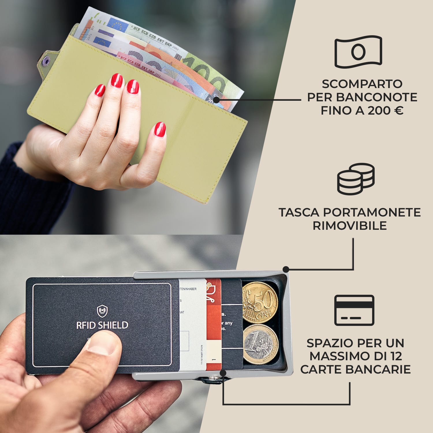 ZNAP Slim Wallet 12 - Portafoglio, 12 carte, portamonete, 8,9 x 1,8 x 6,3 cm (LxHxP)  Protezione RFID Standard | Muschio