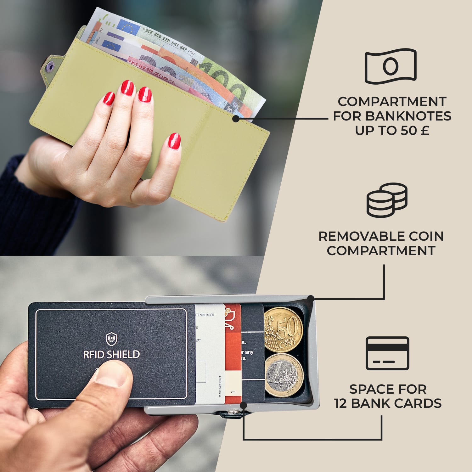 ZNAP Slim Wallet 12 pasjes muntvak 8,9 x 1,8 x 6,3 cm (BxHxD)  RFID bescherming Standard | Mos