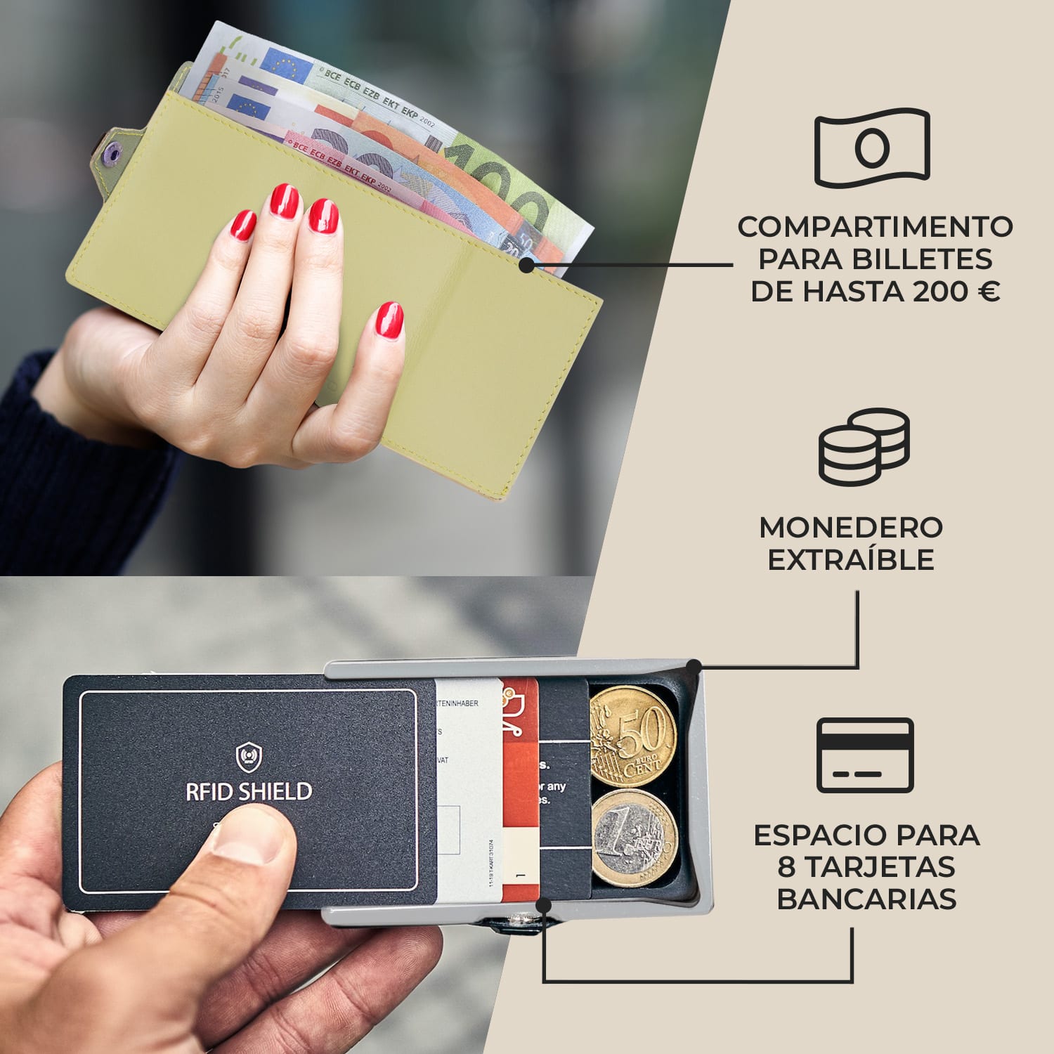 ZNAP Slim Wallet 8 billetera delgada 8 tarjetas y compartimento para monedas 8,9 x 1,5 x 6,3 cm (ancho x grueso x largo) Protección RFID Standard | Musgo