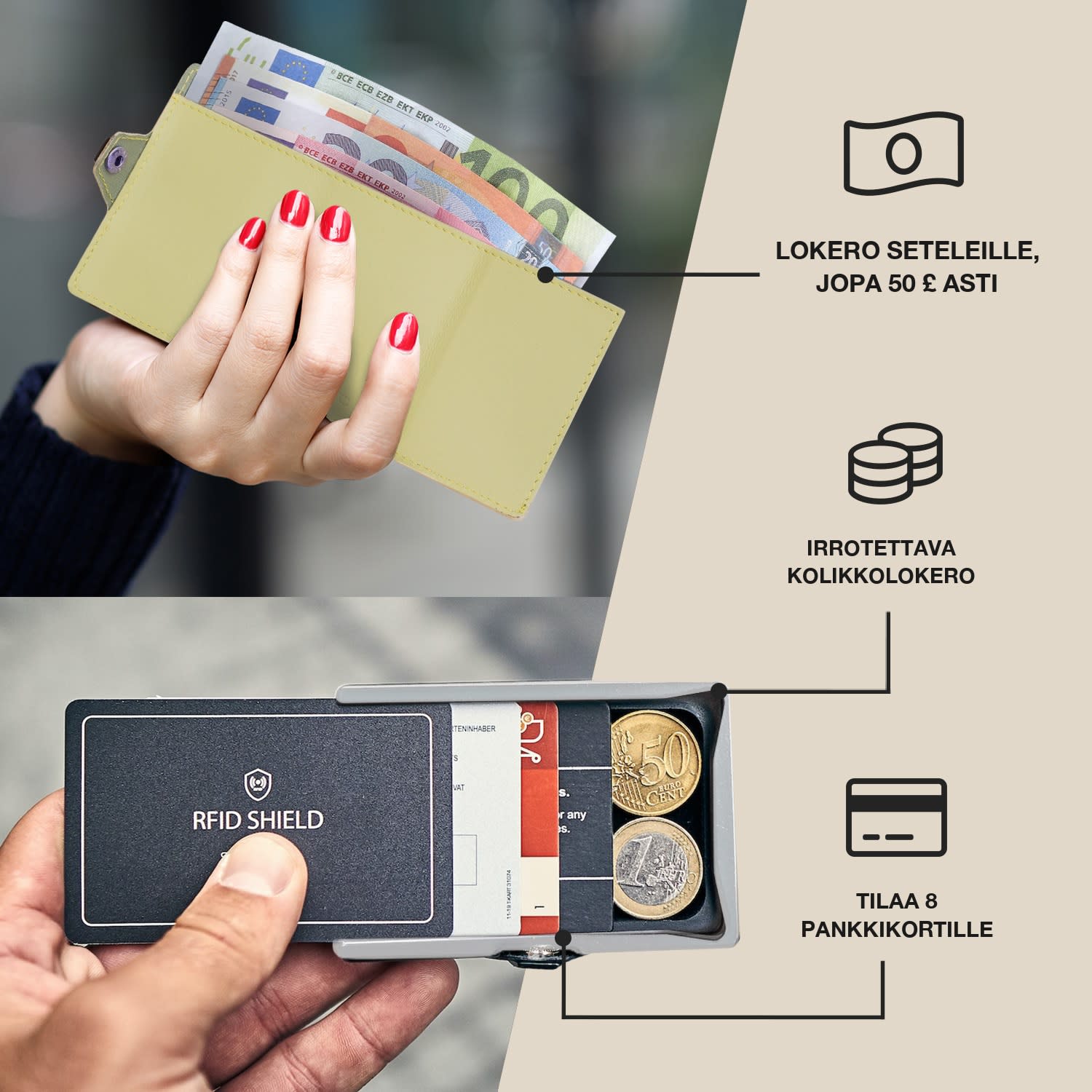 ZNAP Slim lompakko 8 kortille kolikkotasku 8,9 x 1,5 x 6,3 cm (leveys x korkeus x syvyys)  RFID-suoja standardi | Sammal