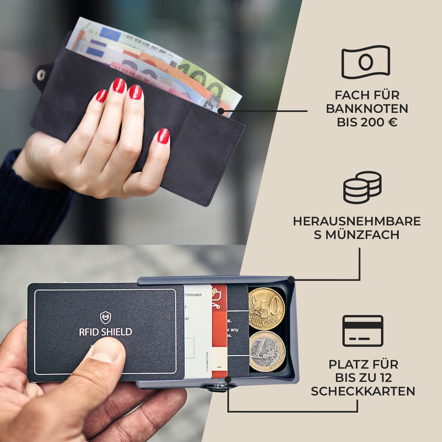 ZNAP Slim Wallet 12 Karten Münzfach 8,9 x 1,8 x 6,3 cm (BxHxT)   RFID-Schutz 