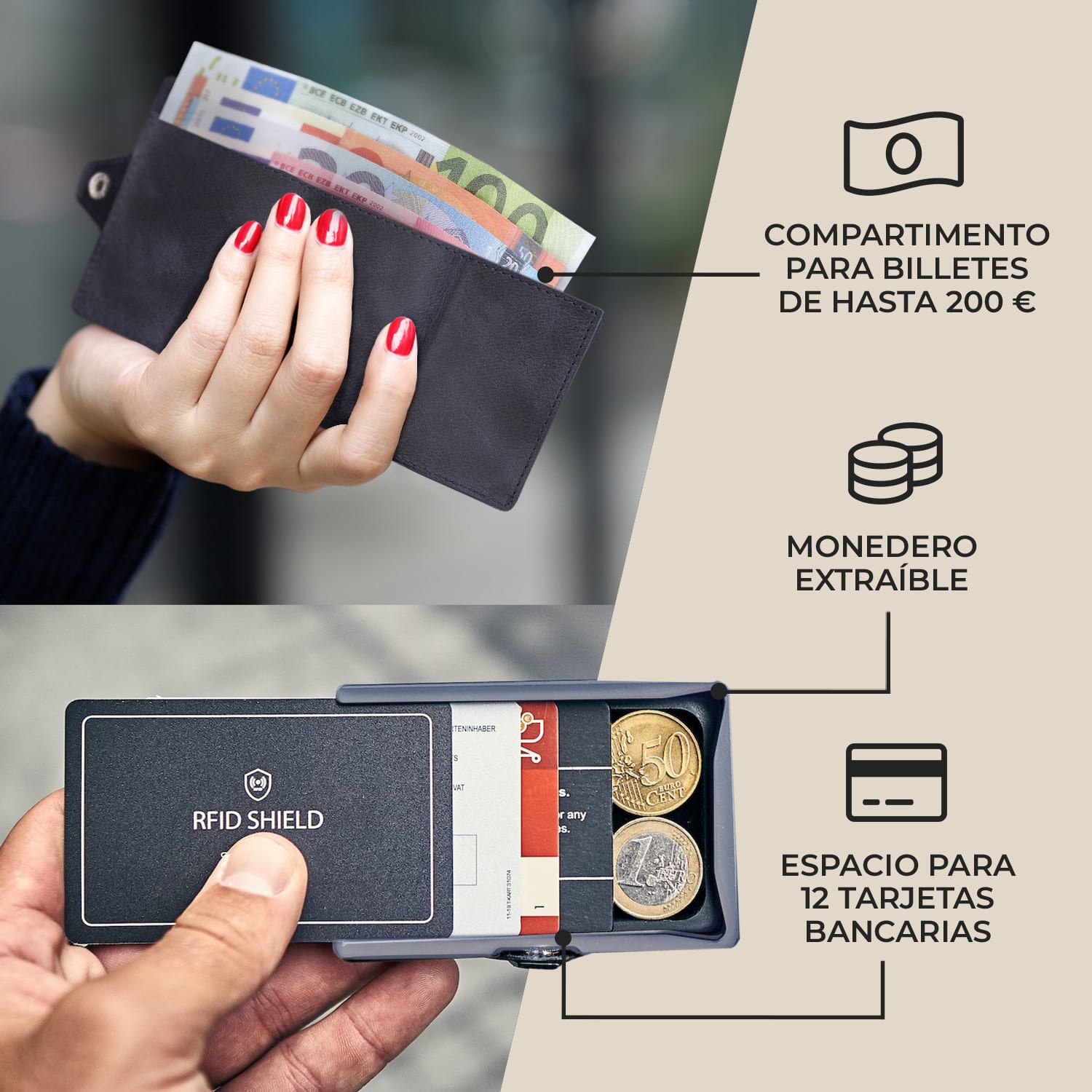 ZNAP Slim Wallet 12 Tarjetera monedero 8,9 x 1,8 x 6,3 cm (largo x grueso x ancho)  protección RFID grano | Azul Marino