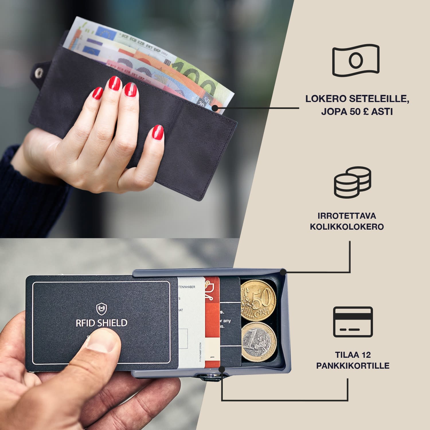 ZNAP Slim lompakko 12 kortille kolikkotasku 8,9 x 1,8 x 6,3 cm (leveys x korkeus x syvyys)  RFID-suoja jaettu | Sininen Valtameri