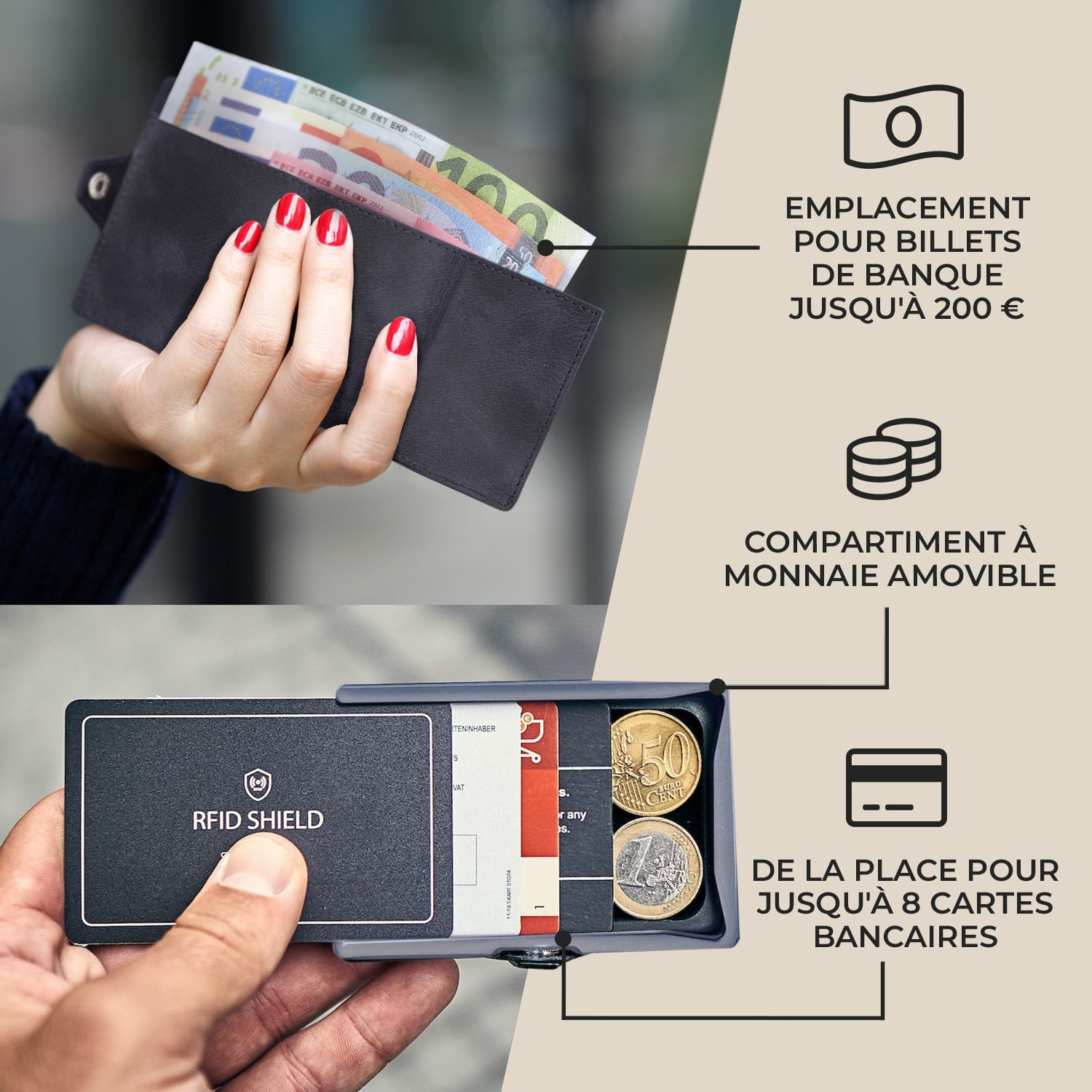 ZNAP Slim Wallet 8 Cartes pochette à monnaie 8,9 x 1,5 x 6,3 cm (LxHxP)  Protection RFID à grain | Bleu Océan