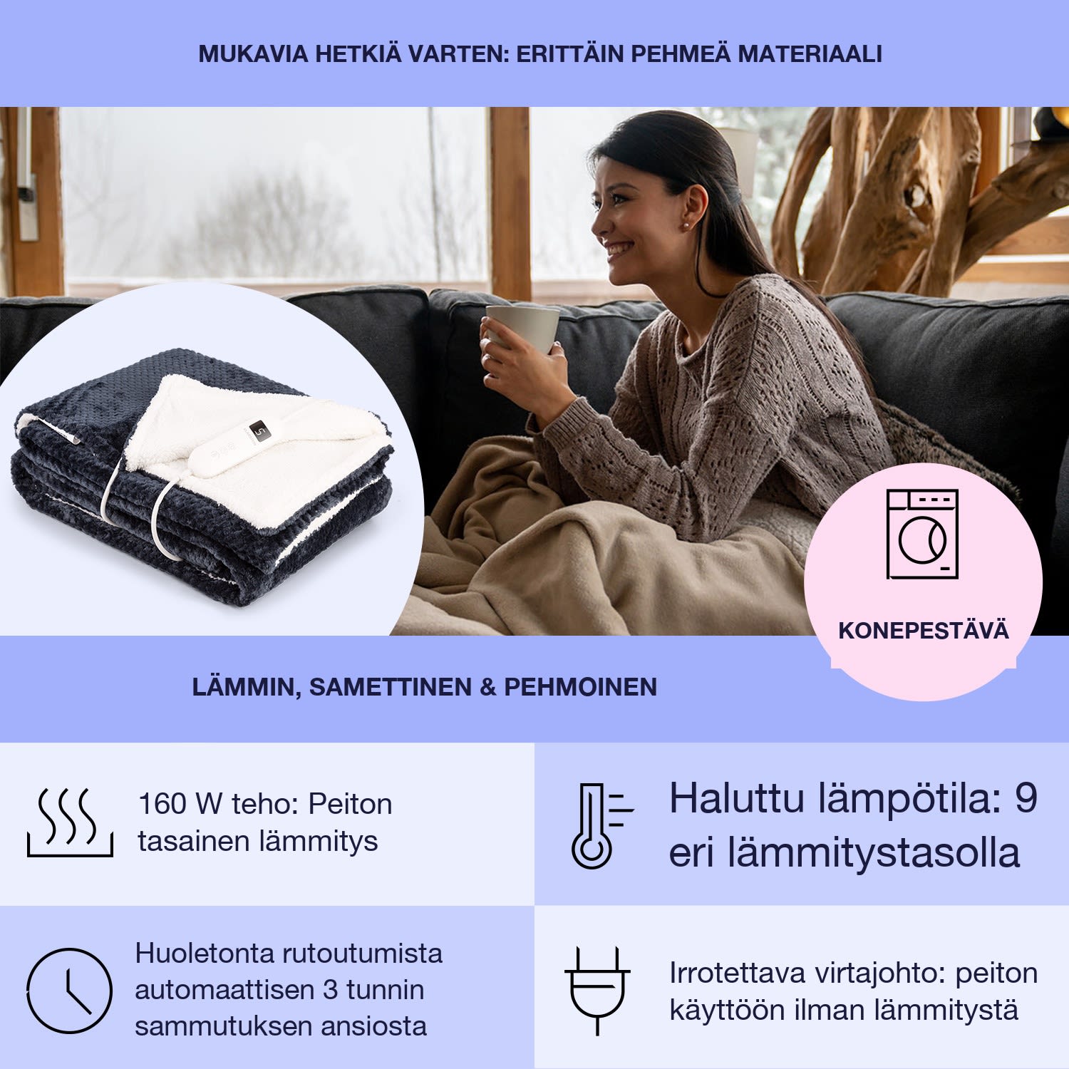 Dr. Watson Deluxe XL lämpöpeitto 160 W 9 lämpötilatasoa 180 x 130 cm XL | Antrasiitti