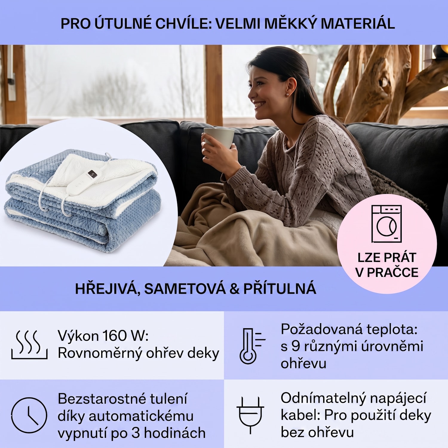 DR Watson Deluxe XL, elektrická deka, 160 W, 9 stupňů ohřevu, 180 x 130 cm XL | Modrá