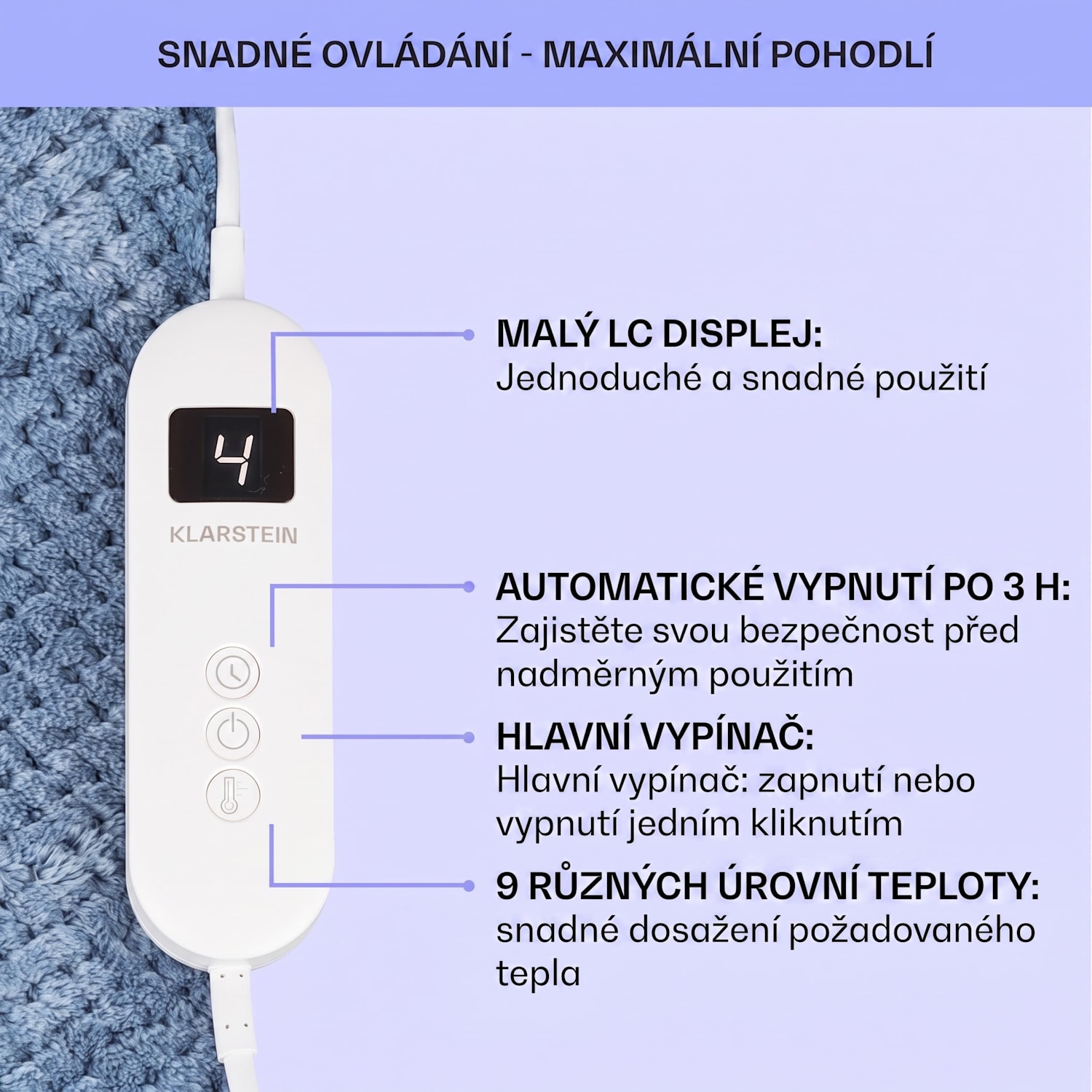 DR Watson Deluxe XL, elektrická deka, 160 W, 9 stupňů ohřevu, 180 x 130 cm XL | Modrá