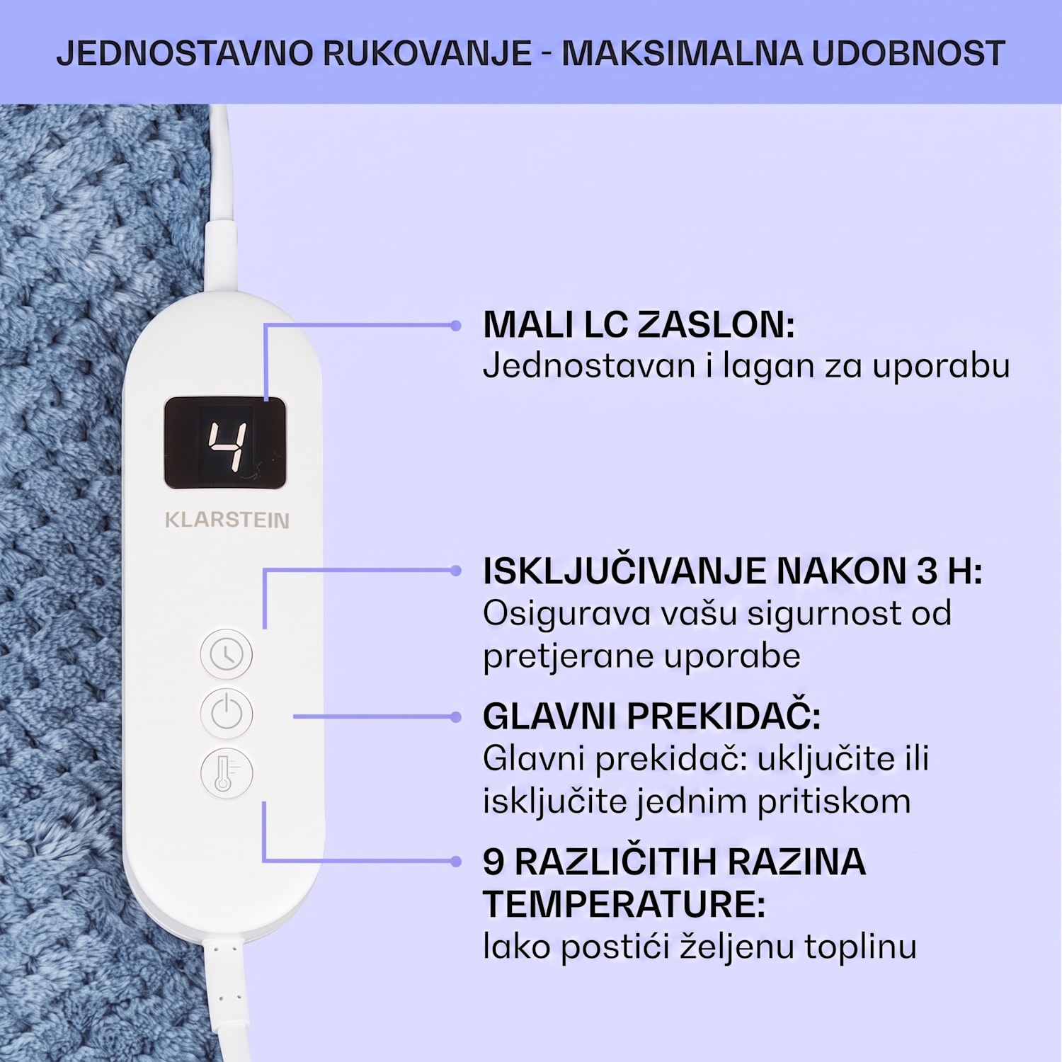 DR Watson Deluxe XL, električna deka, 160 W, 9 stupnjeva grijanja, 180 x 130 cm XL | Plava