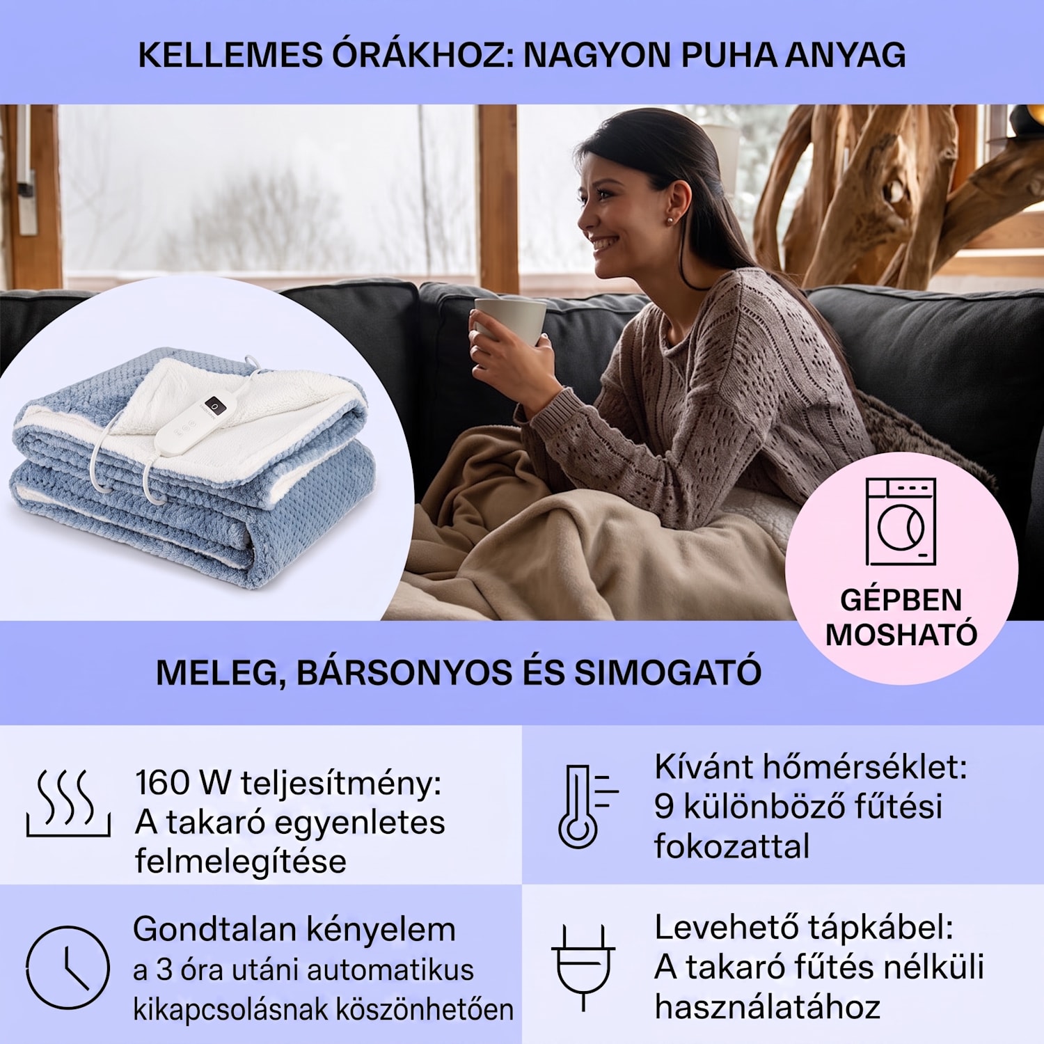 DR Watson Deluxe XL, elektromos takaró, 160 W, 9 fűtési fokozat, 180 x 130 cm XL | Kék