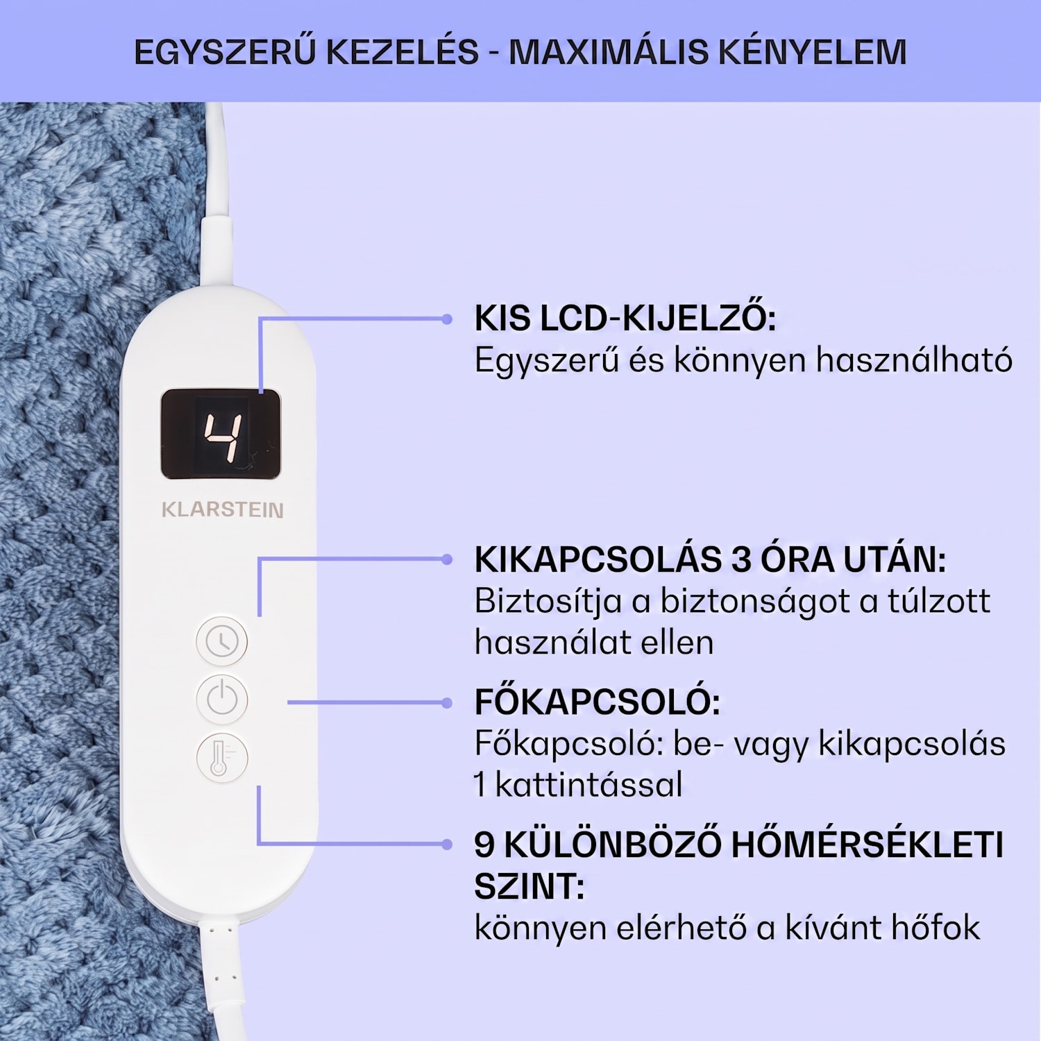 DR Watson Deluxe XL, elektromos takaró, 160 W, 9 fűtési fokozat, 180 x 130 cm XL | Kék