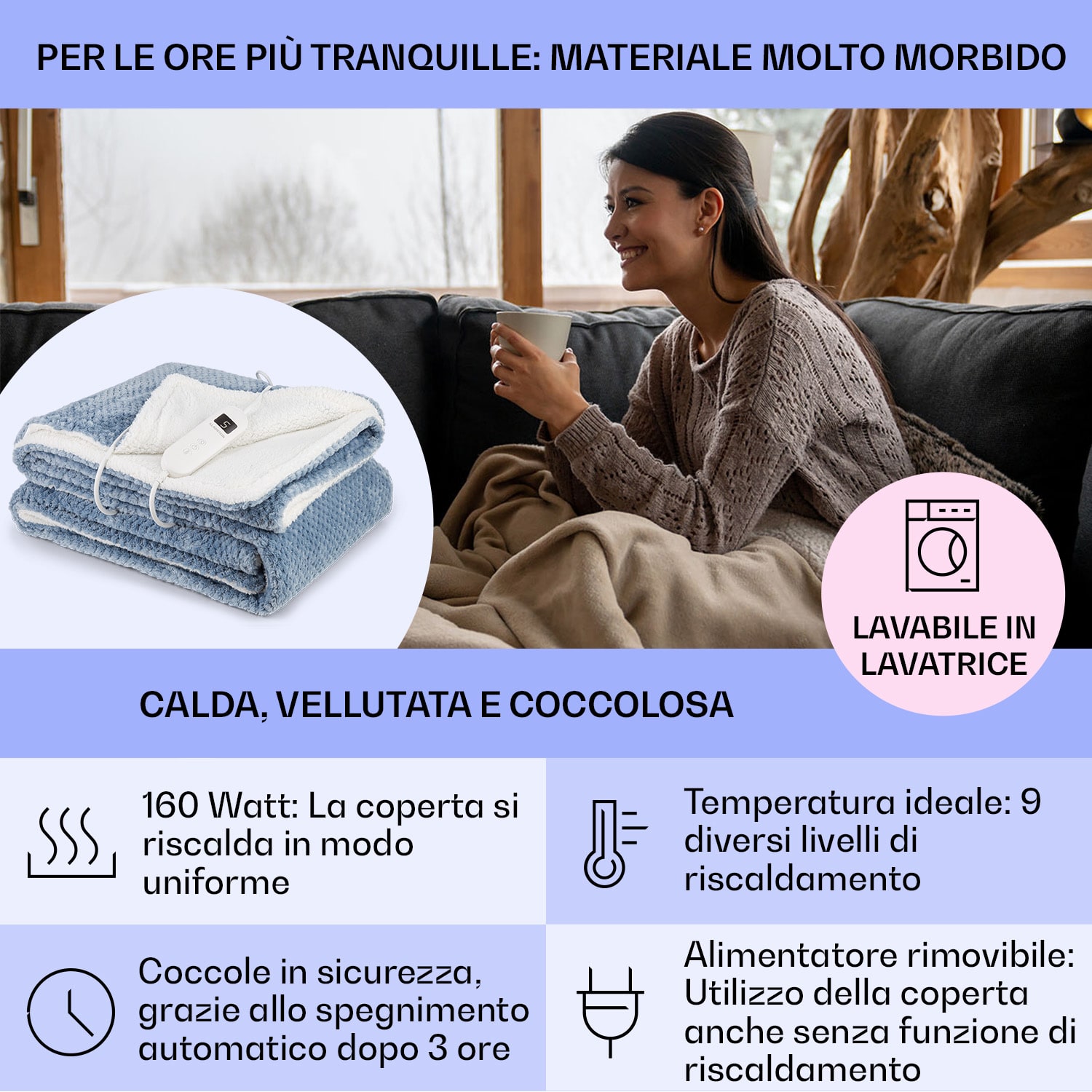 Dr. Watson Deluxe XL - Coperta elettrica, 160 W, 9 livelli di temperatura, unità di controllo, 180 x 130 cm XL | Blu