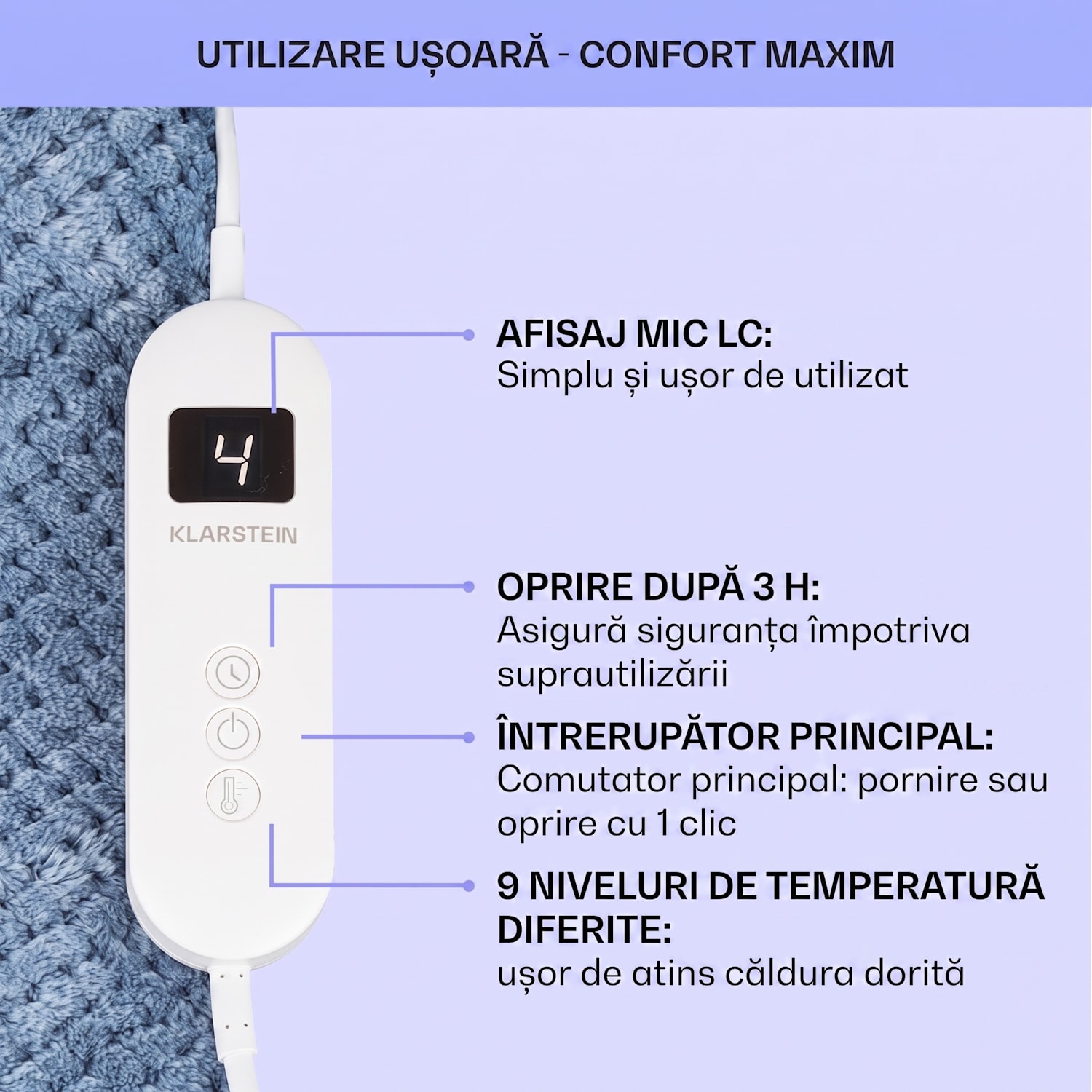 DR Watson Deluxe XL, pătură electrică, 160 W, 9 nivele de încălzire, 180 x 130 cm XL | Albastru
