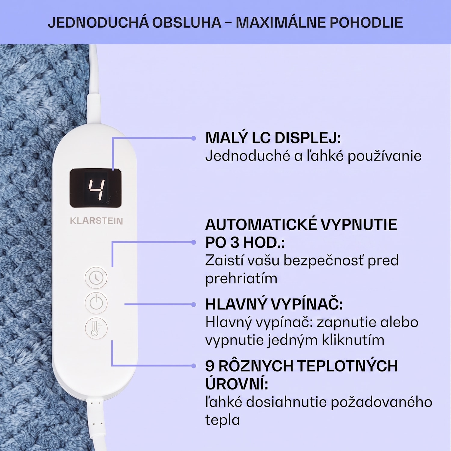 DR Watson Deluxe XL, elektrická deka, 160 W, 9 úrovní ohrevu, 180 x 130 cm XL | Modrá