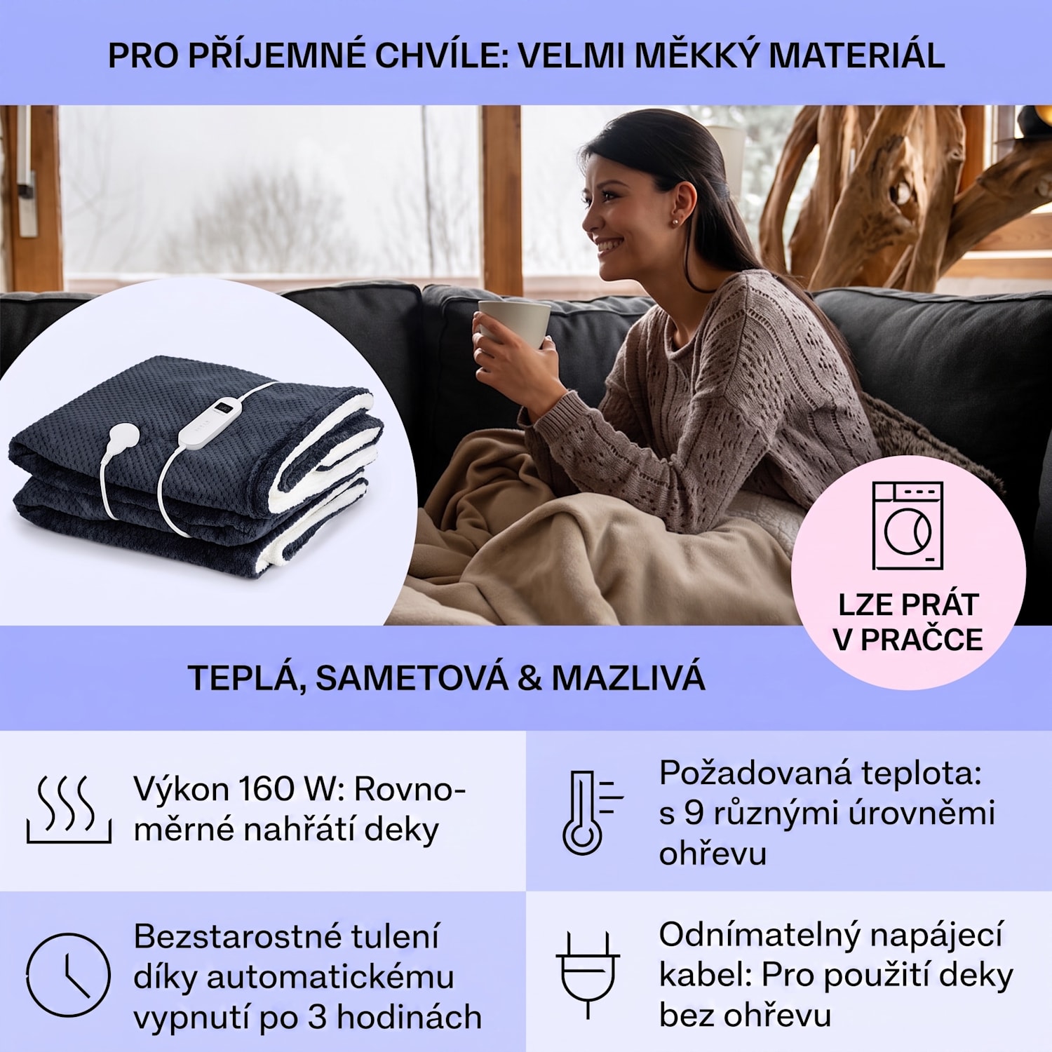 DR Watson Deluxe XXL, elektrická deka, 160 W, 9 úrovní ohřevu, 200 x 180 cm XXL | Antracit