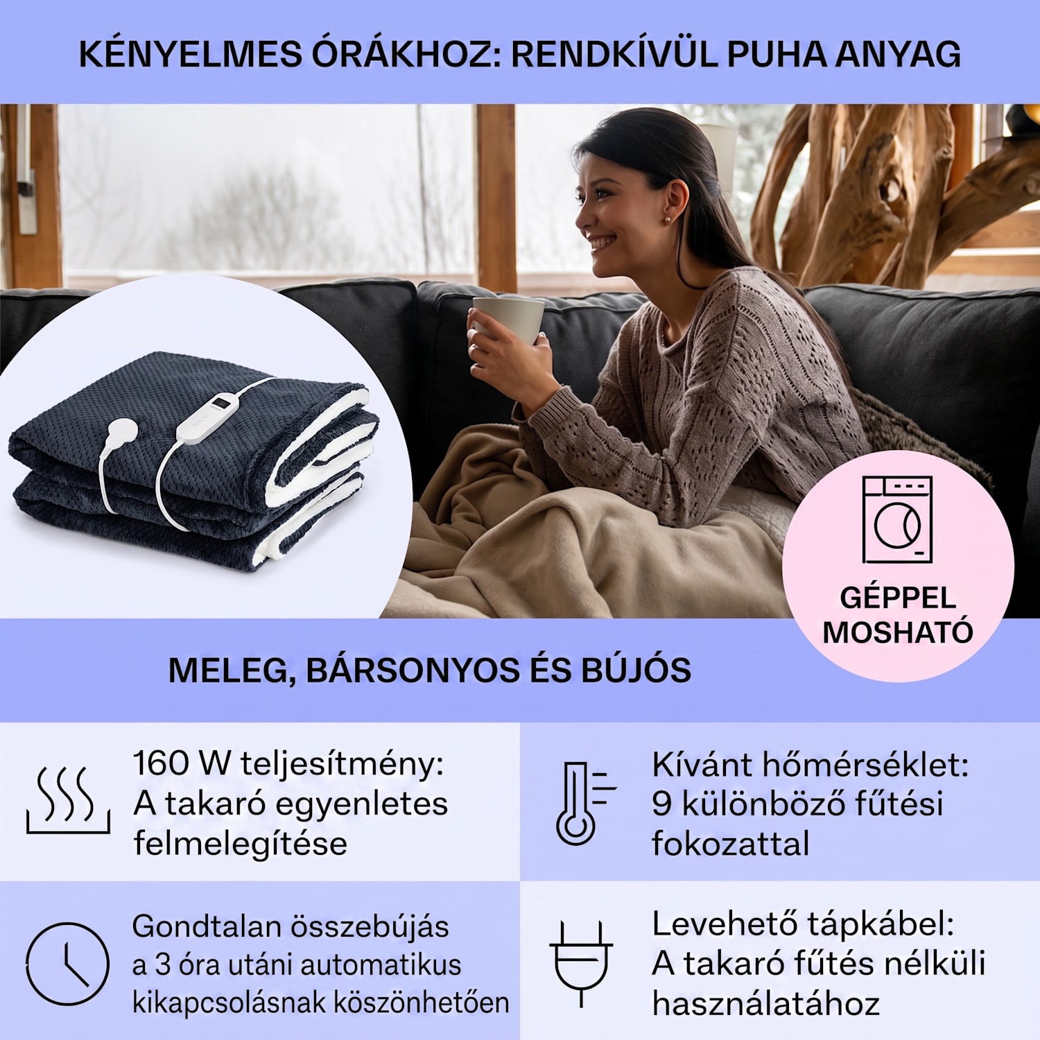 DR Watson Deluxe XXL, elektromos takaró, 160 W, 9 fűtési fokozat, 200 x 180 cm XXL | Antracit