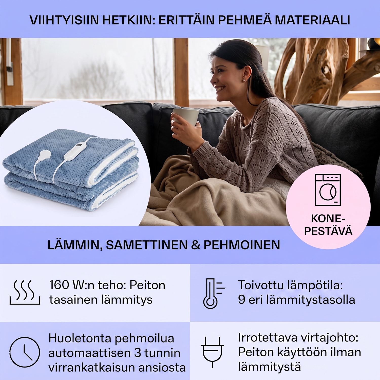 Dr. Watson Deluxe XXL lämpöpeitto 160 W 9 lämpötilatasoa 200 x 180 cm XXL | Sininen