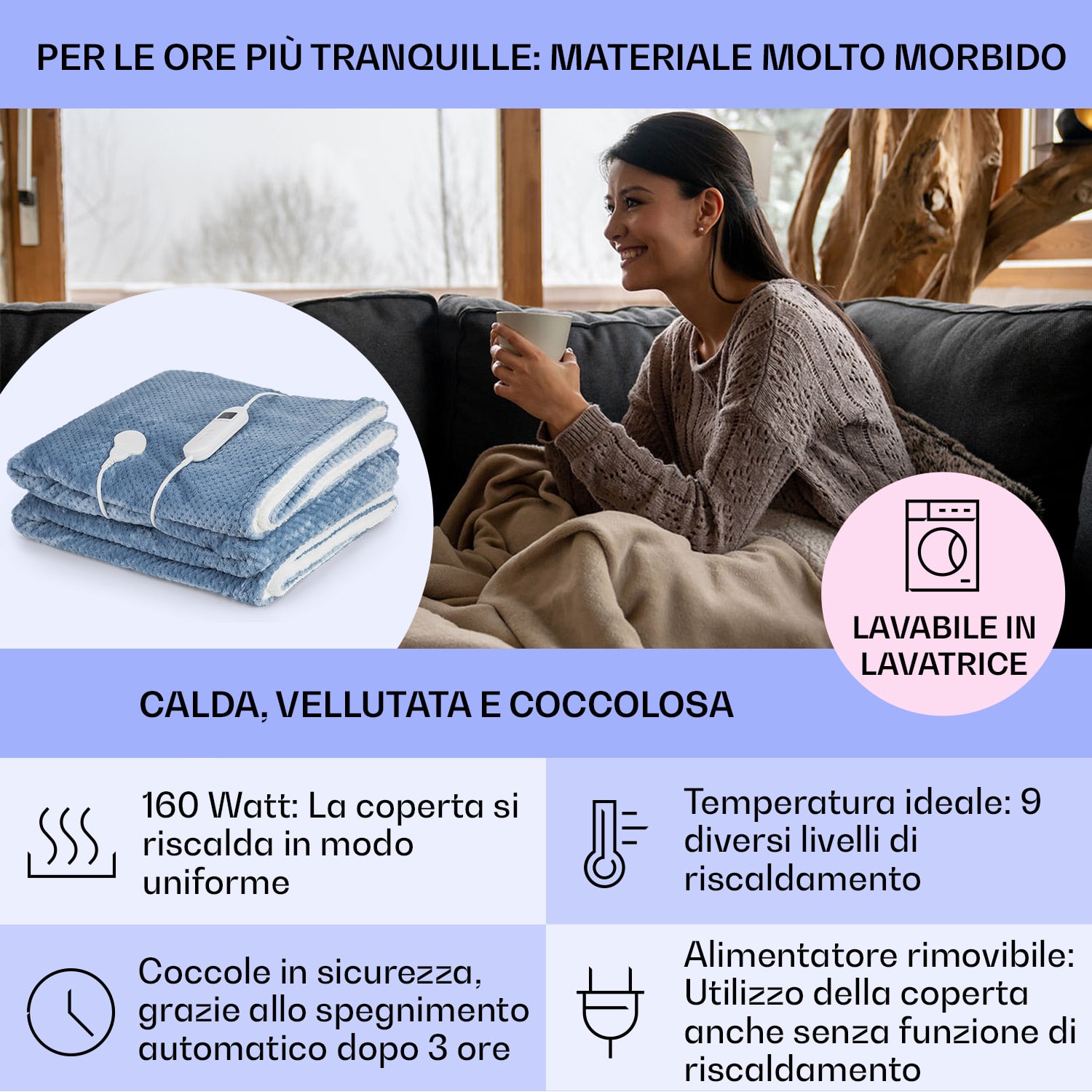Dr. Watson Deluxe XXL - Coperta elettrica, 160 W, 9 livelli di temperatura, elemento di controllo, 200 x 180 cm XXL | Blu