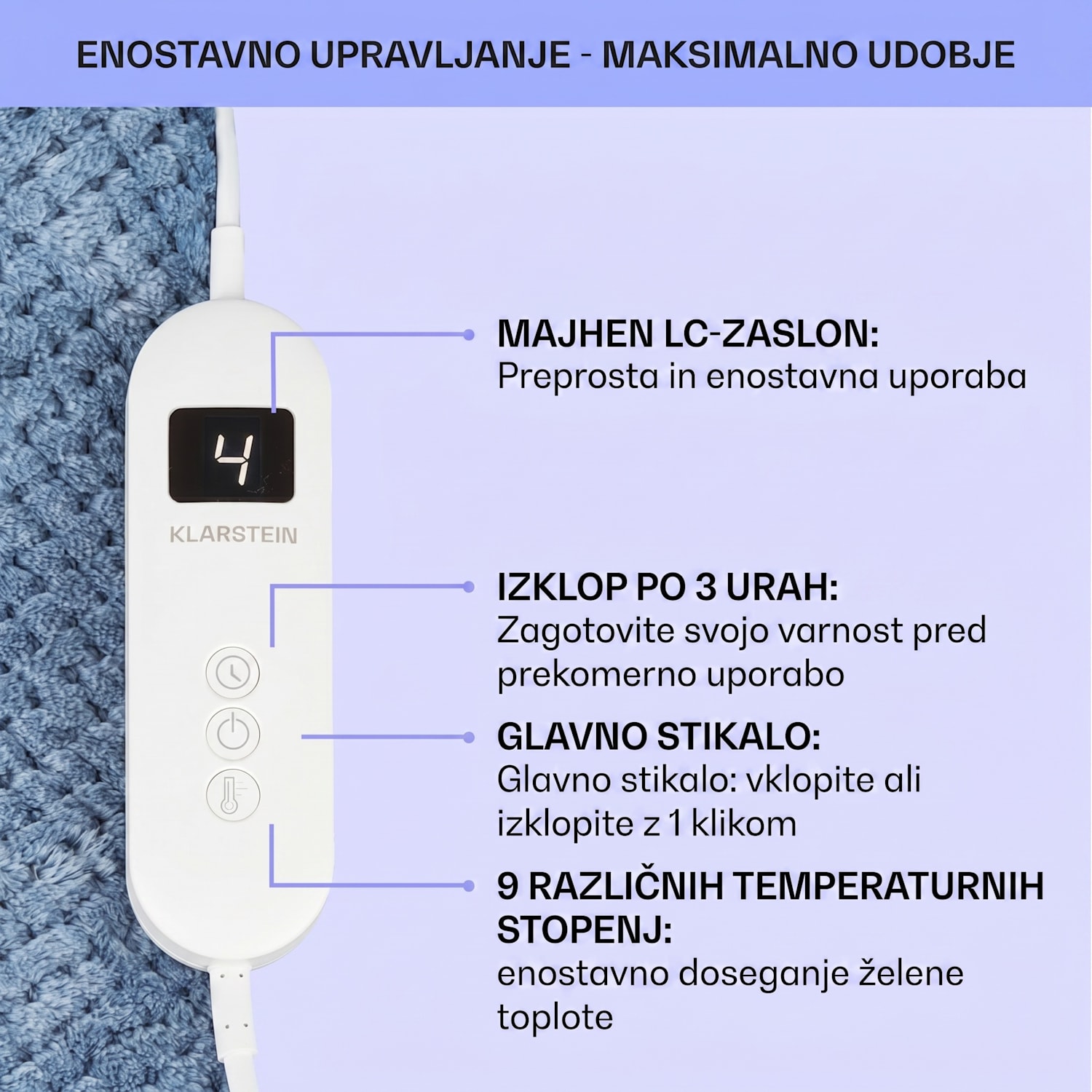 DR Watson Deluxe XXL, električna odeja, 160 W, 9 stopenj gretja, 200 x 180 cm XXL | Modra