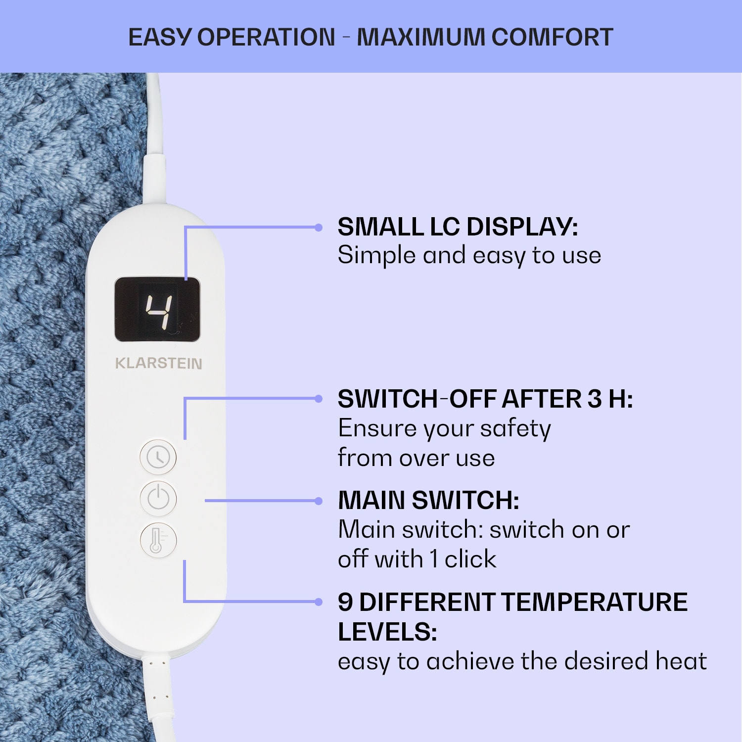 DR Watson Deluxe XXL, електрическо одеяло, 160 W, 9 степени на нагряване, 200 х 180 cm XXL | Синьо