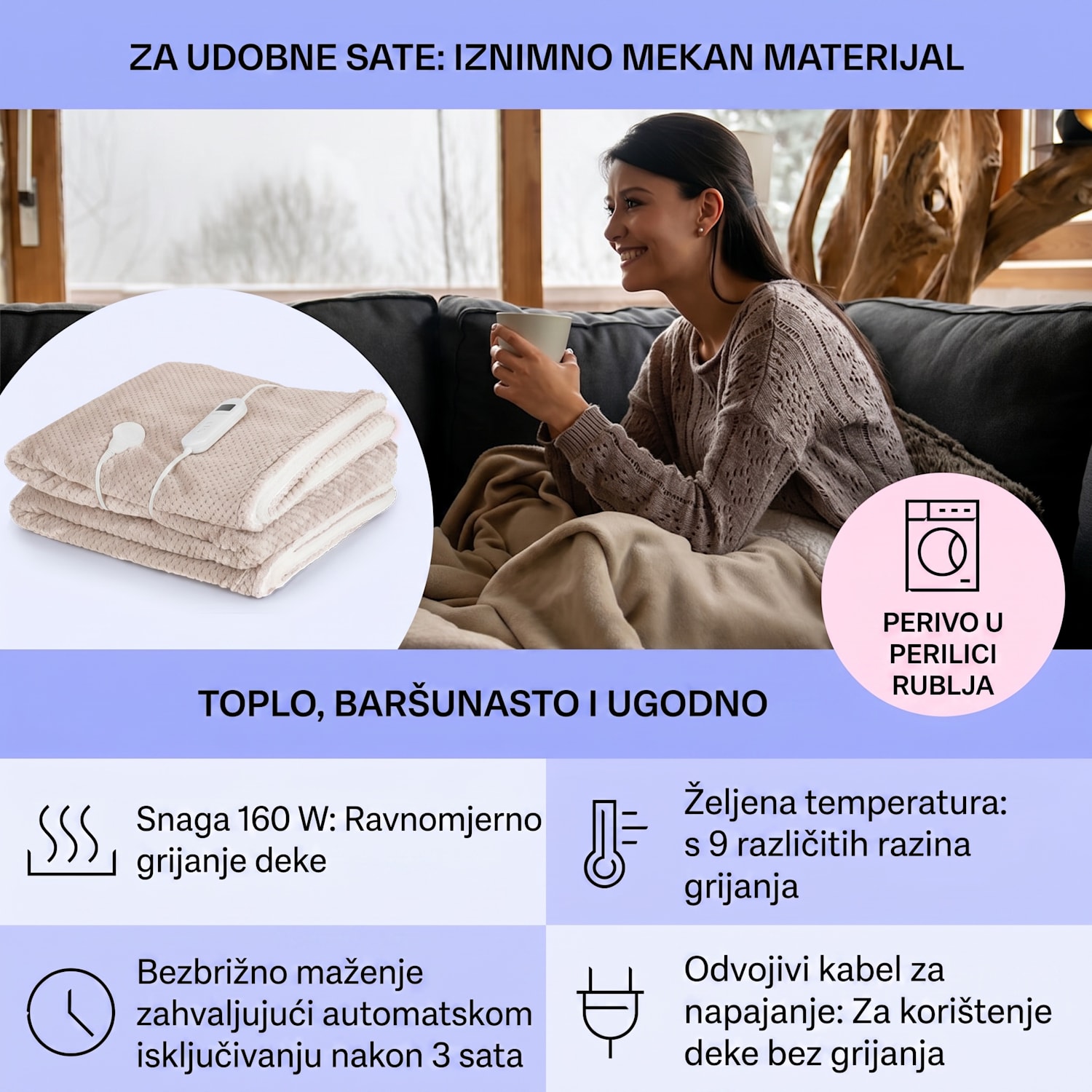 DR Watson Deluxe XXL, električna deka, 160 W, 9 stupnjeva grijanja, 200 x 180 cm XXL | Pijesak