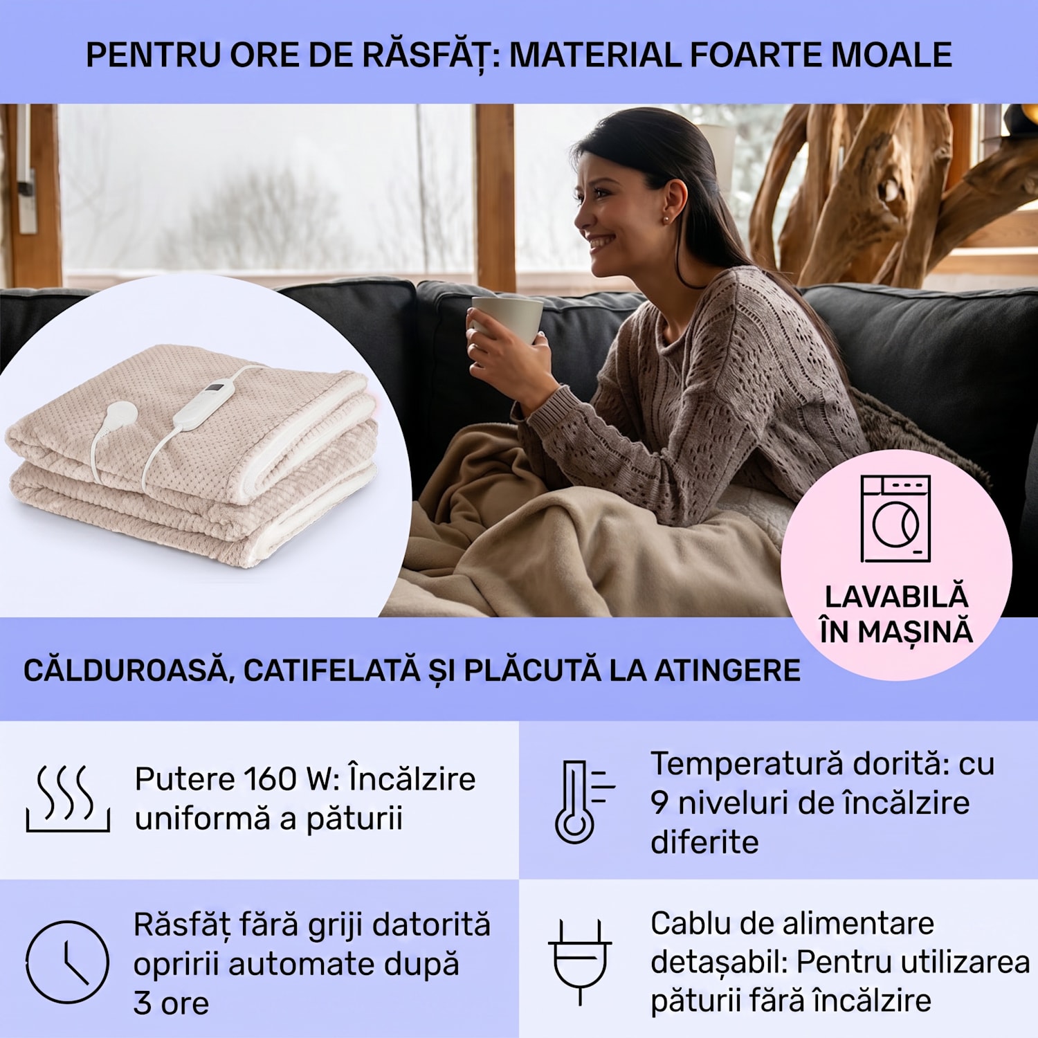DR Watson Deluxe XL, pătură electrică, 160 W, 9 nivele de încălzire, 200 x 180 cm XXL | Nisip