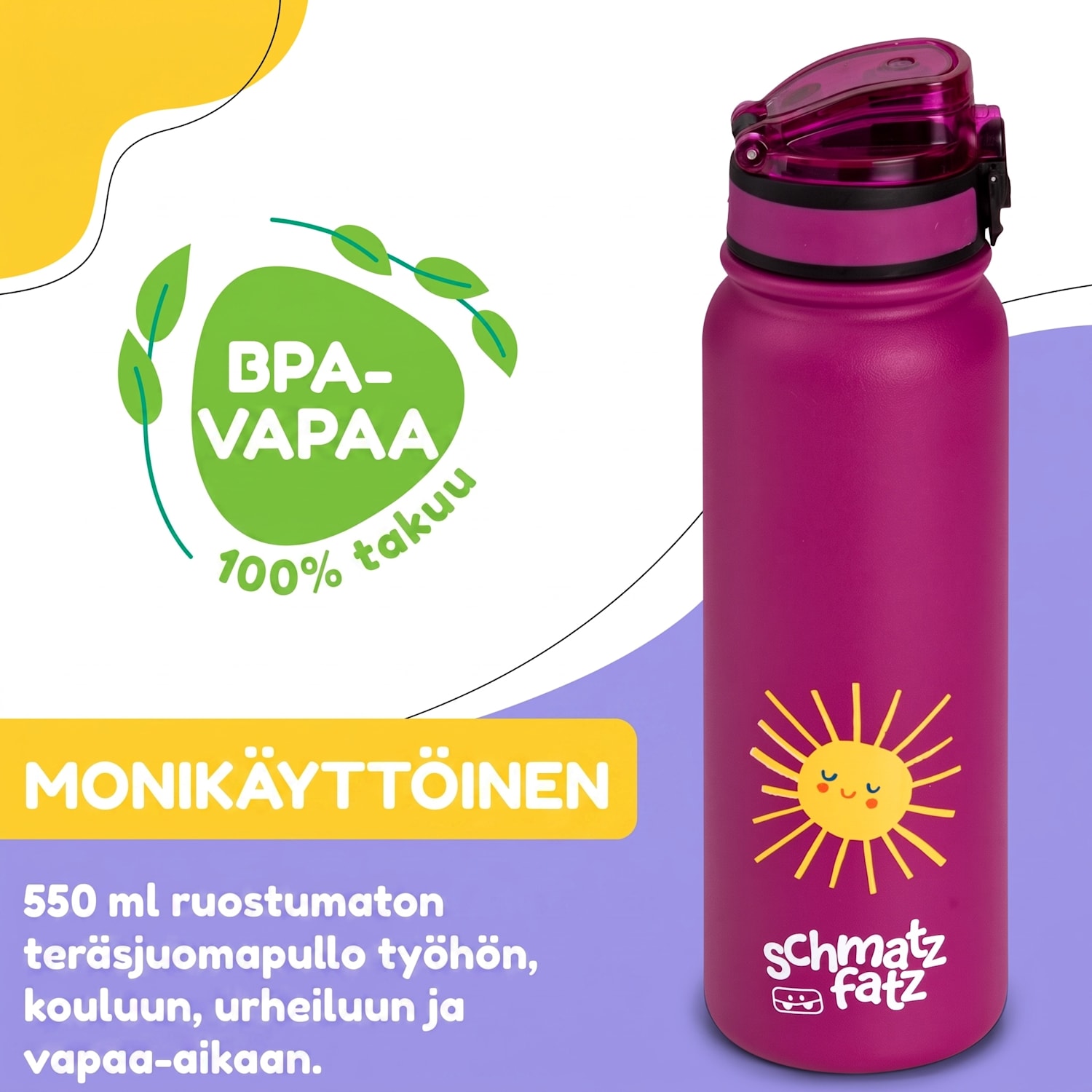 schmatzfatz-termosjuomapullo lapsille 550 ml ruostumaton teräs | ABS | BPA-vapaa 550 ml | Purple Sun