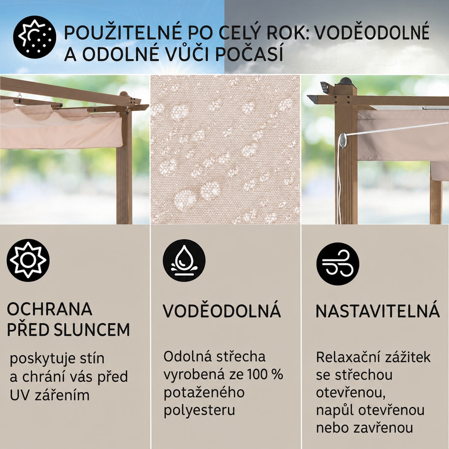 Pantheon Rust, pergola, hliníková čtyřhranná trubka, 3×6 m, 4 rohové sloupky, nepromokavá 3 x 6 m | Béžová