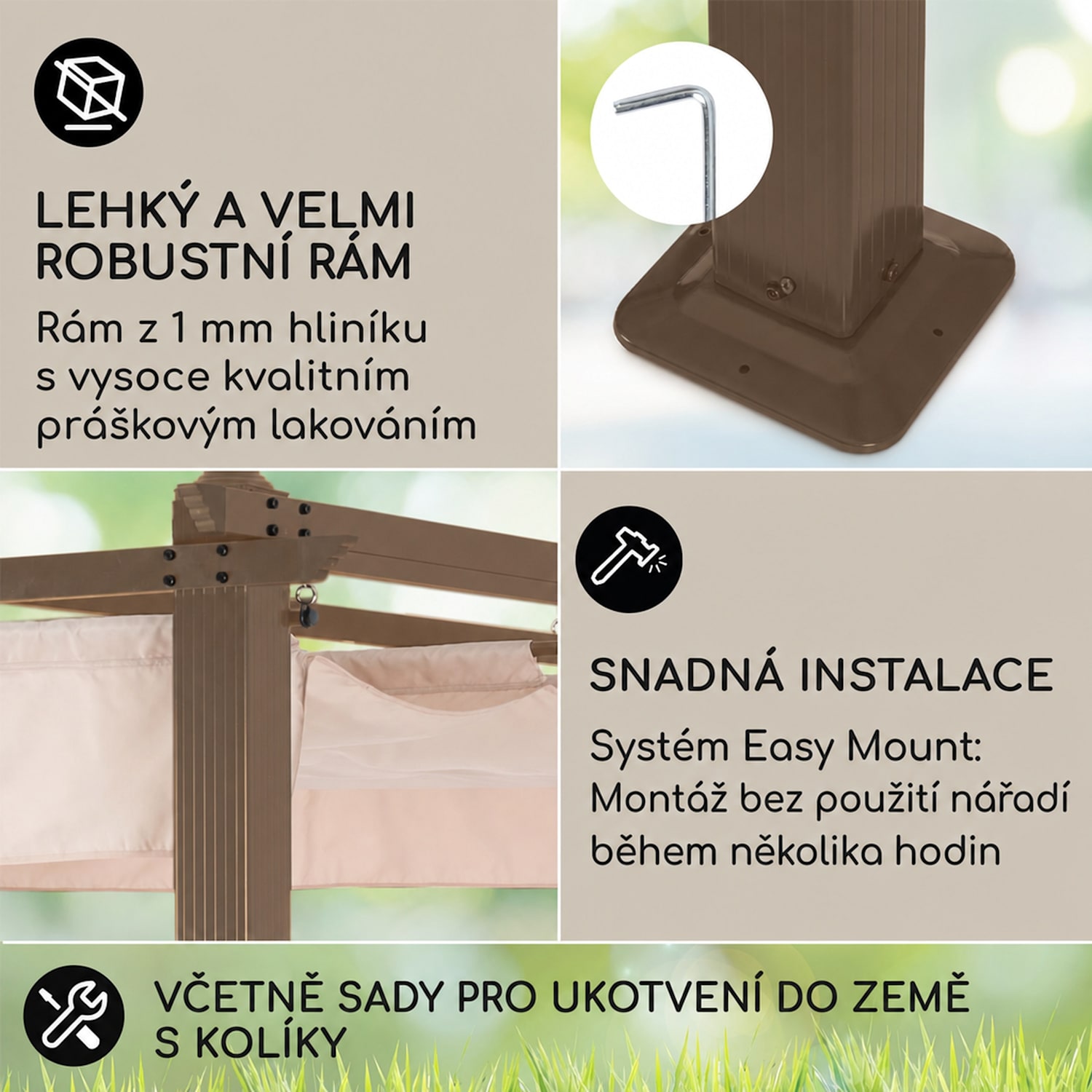 Pantheon Rust, pergola, hliníková čtyřhranná trubka, 3×6 m, 4 rohové sloupky, nepromokavá 3 x 6 m | Béžová