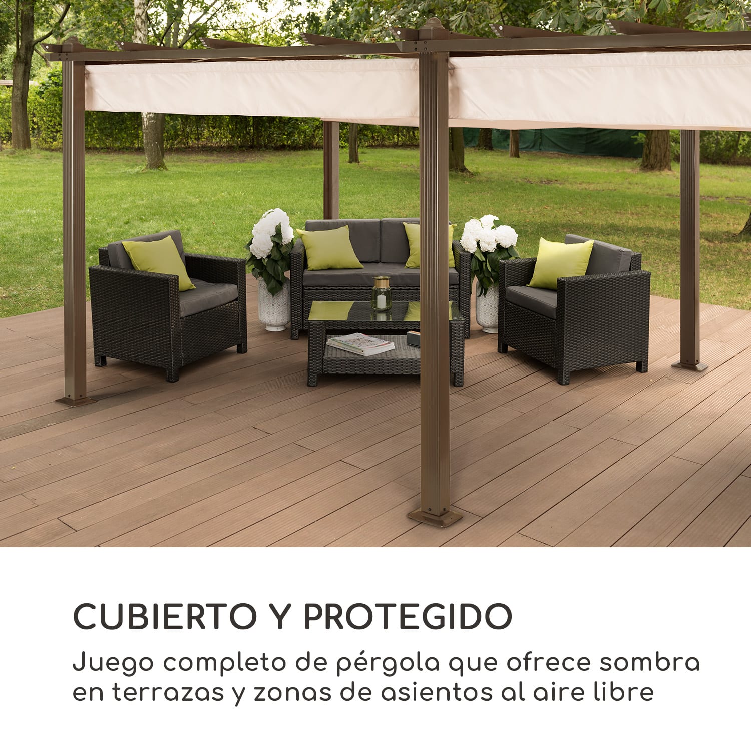 Pérgola Pantheon Rust tubos de aluminio cuadrados 3x6m 4 postes esquineros impermeable 3 x 6 m | Beige