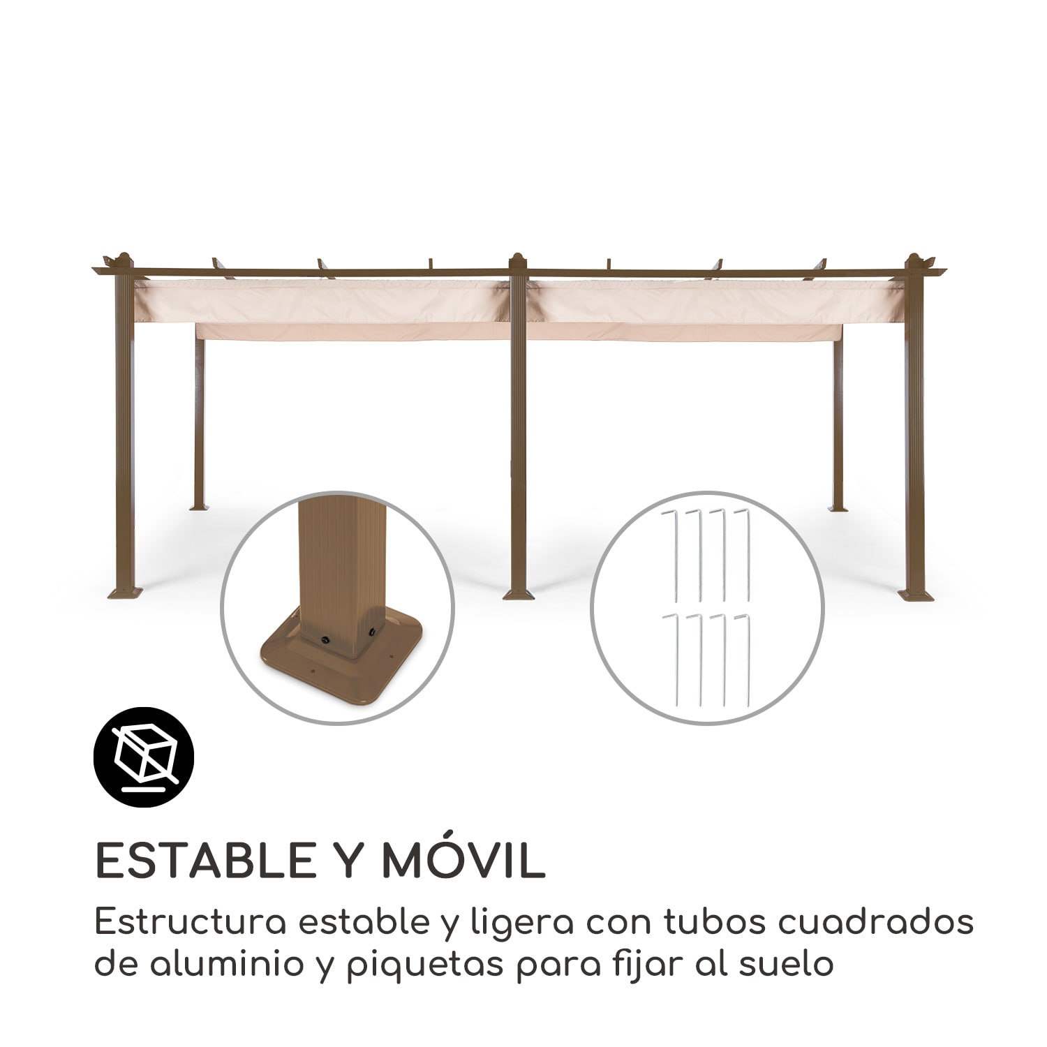 Pérgola Pantheon Rust tubos de aluminio cuadrados 3x6m 4 postes esquineros impermeable 3 x 6 m | Beige