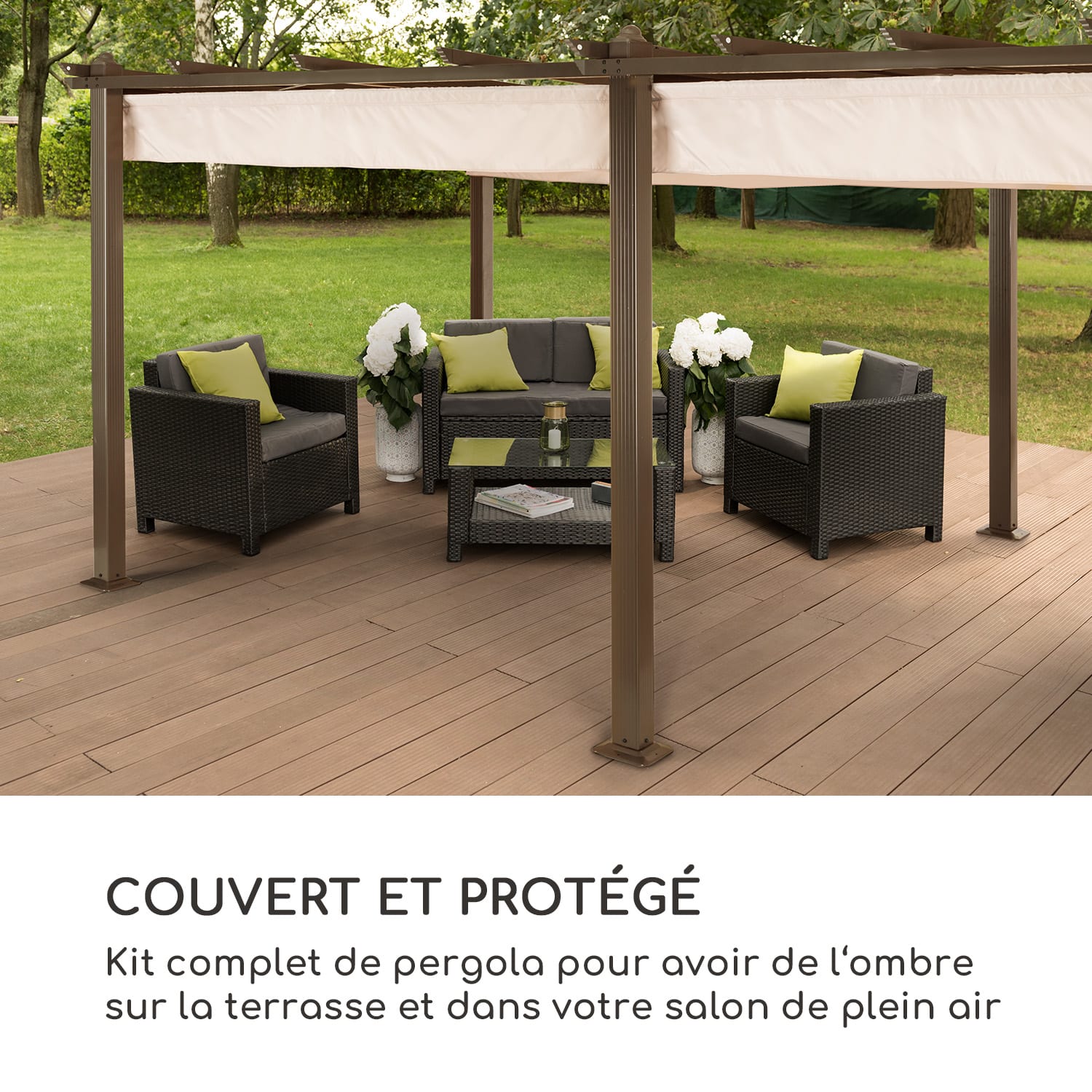 Pantheon Rust Pergola   tube carré en aluminium 3x6 m 4 poteaux d'angle hydrofuge 3 x 6 m | Beige