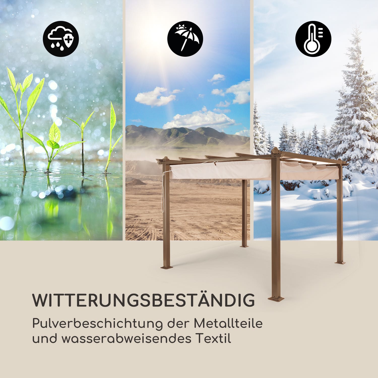 Pantheon Rust Pergola Aluminium 3x3m 6 Eckpfosten wasserabweisend 3 x 3 m | Beige