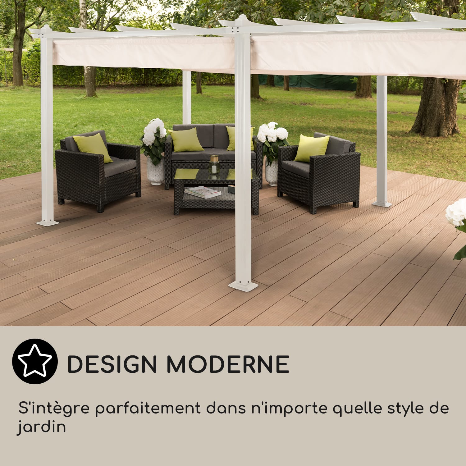 Pantheon Pergola tubes carrés d'aluminium 3x6 m 4 poteaux d'angle hydrofuge 3 x 6 m | Blanc | Beige
