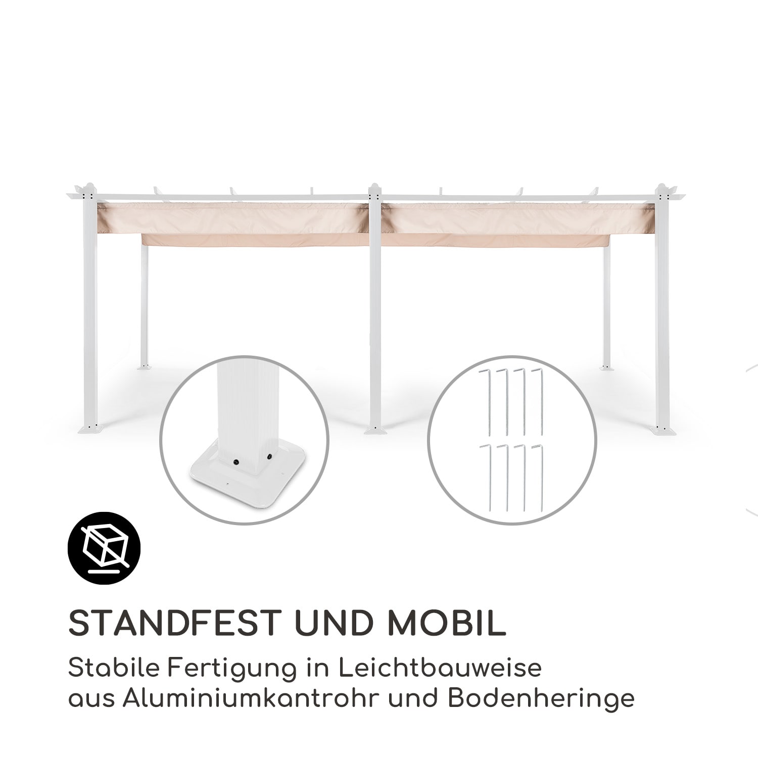 Pantheon Pergola Aluminiumkantrohr 3x6m 4 Eckpfosten  wasserabweisend 3 x 6 m | Weiß | Beige