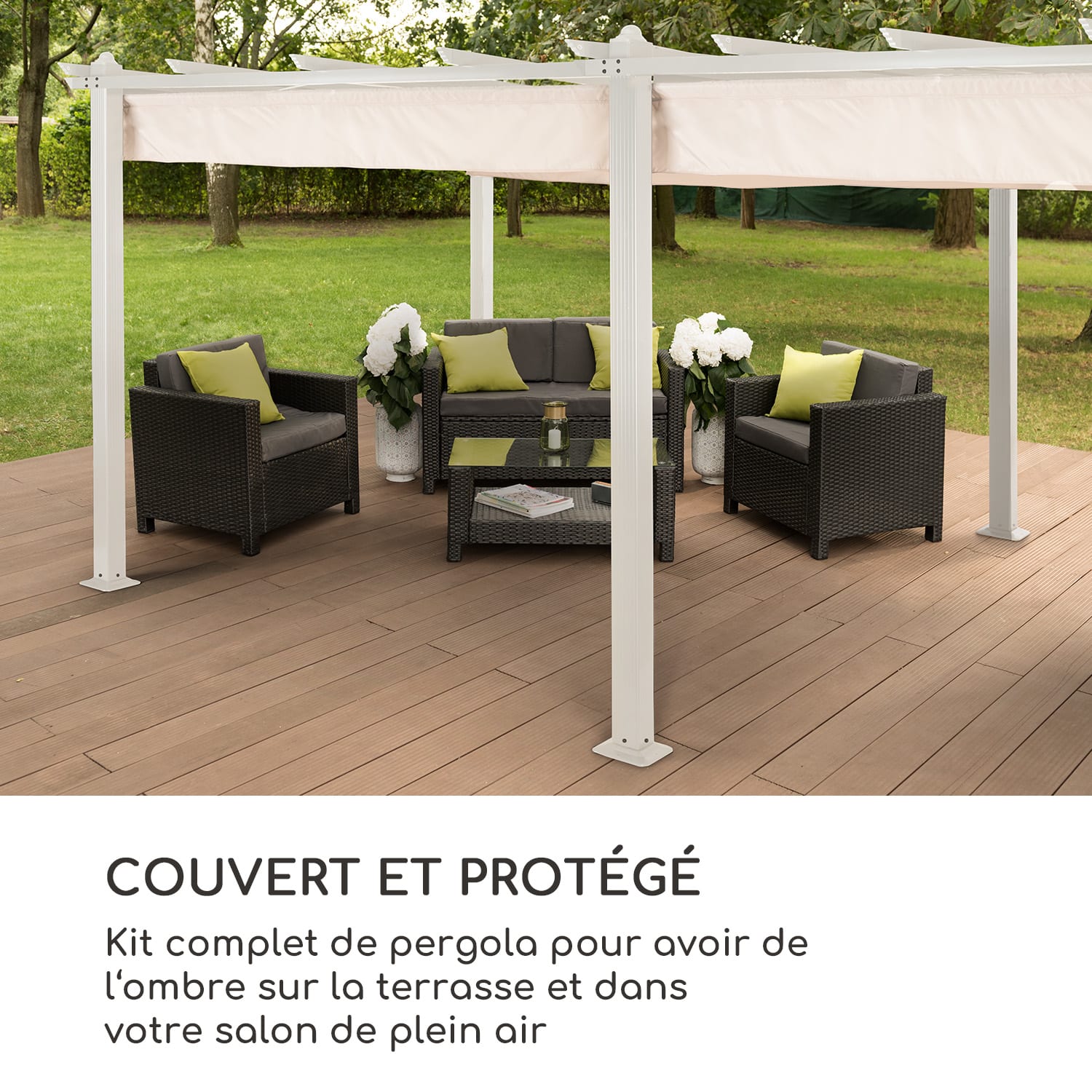 Pantheon Pergola tubes carrés d'aluminium 3x6 m 4 poteaux d'angle hydrofuge 3 x 6 m | Blanc | Beige