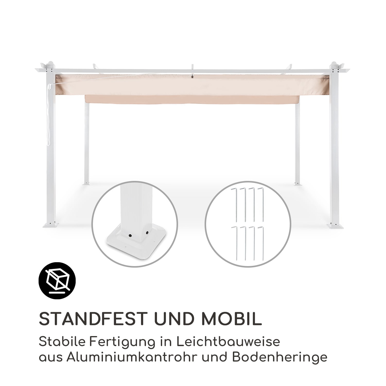 Pantheon Pergola Aluminiumkantrohr 3x4m 4 Eckpfosten  wasserabweisend 3 x 4 m | Weiß | Beige