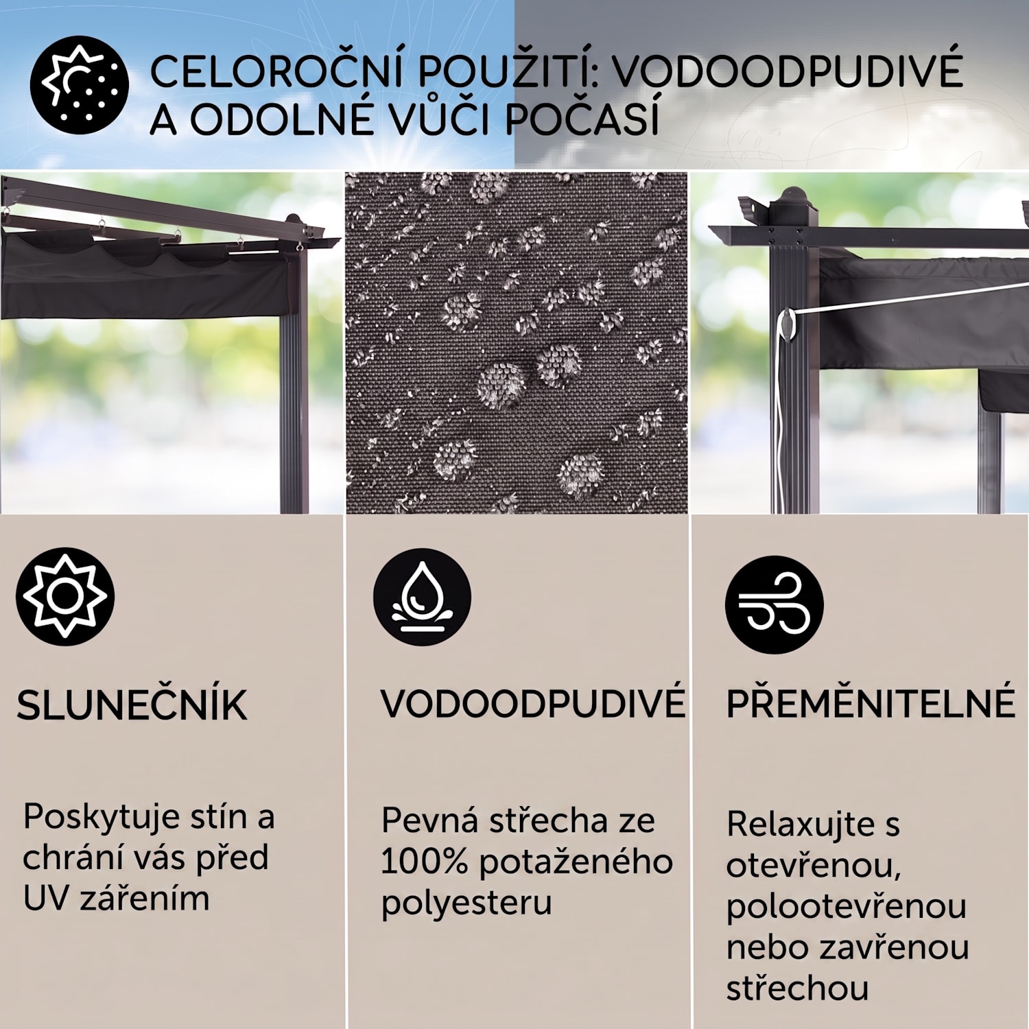Pantheon, pergola, přístřešek, 3 x 6 m, hliník, sluneční stříška, polyester, šedá barva 3 x 6 m | Černá | Šedá