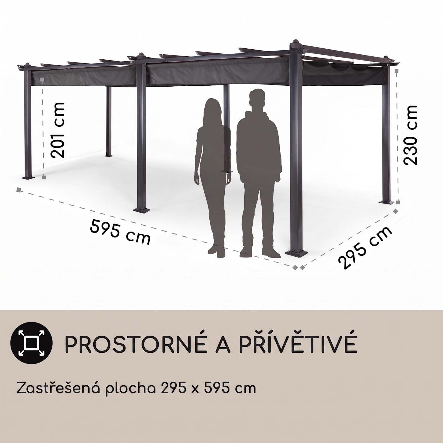 Pantheon, pergola, přístřešek, 3 x 6 m, hliník, sluneční stříška, polyester, šedá barva 3 x 6 m | Černá | Šedá