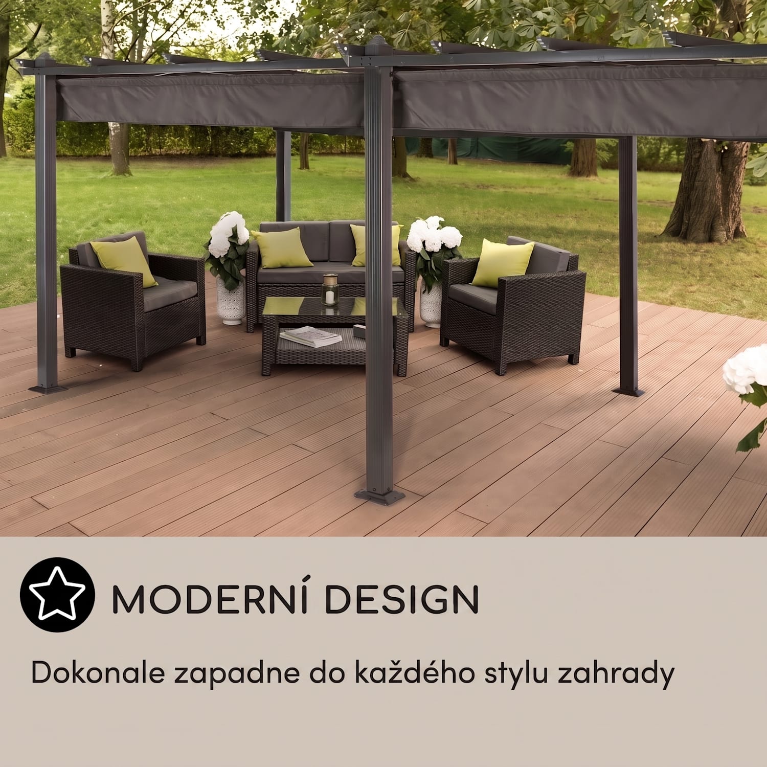 Pantheon, pergola, přístřešek, 3 x 6 m, hliník, sluneční stříška, polyester, šedá barva 3 x 6 m | Černá | Šedá