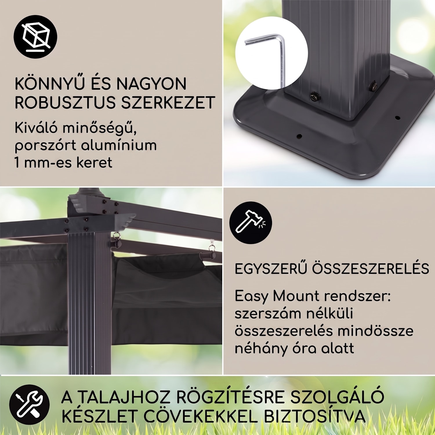 Pantheon, pergola, árnyékoló, 3 x 6 m, alumínium, napellenző, poliészter, szürke 3 x 6 m | Fekete | Szürke