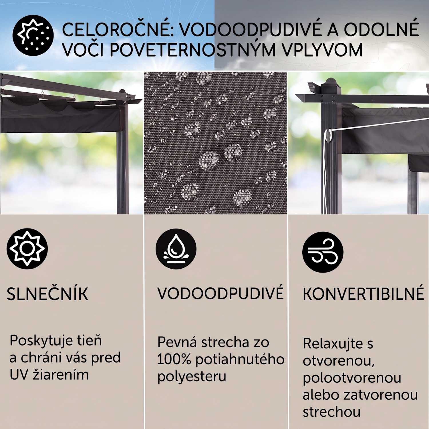 Pantheon, pergola, prístrešok, 3 x 6 m, hliník, strieška proti slnku, polyester, sivá 3 x 6 m | Čierna | Šedá