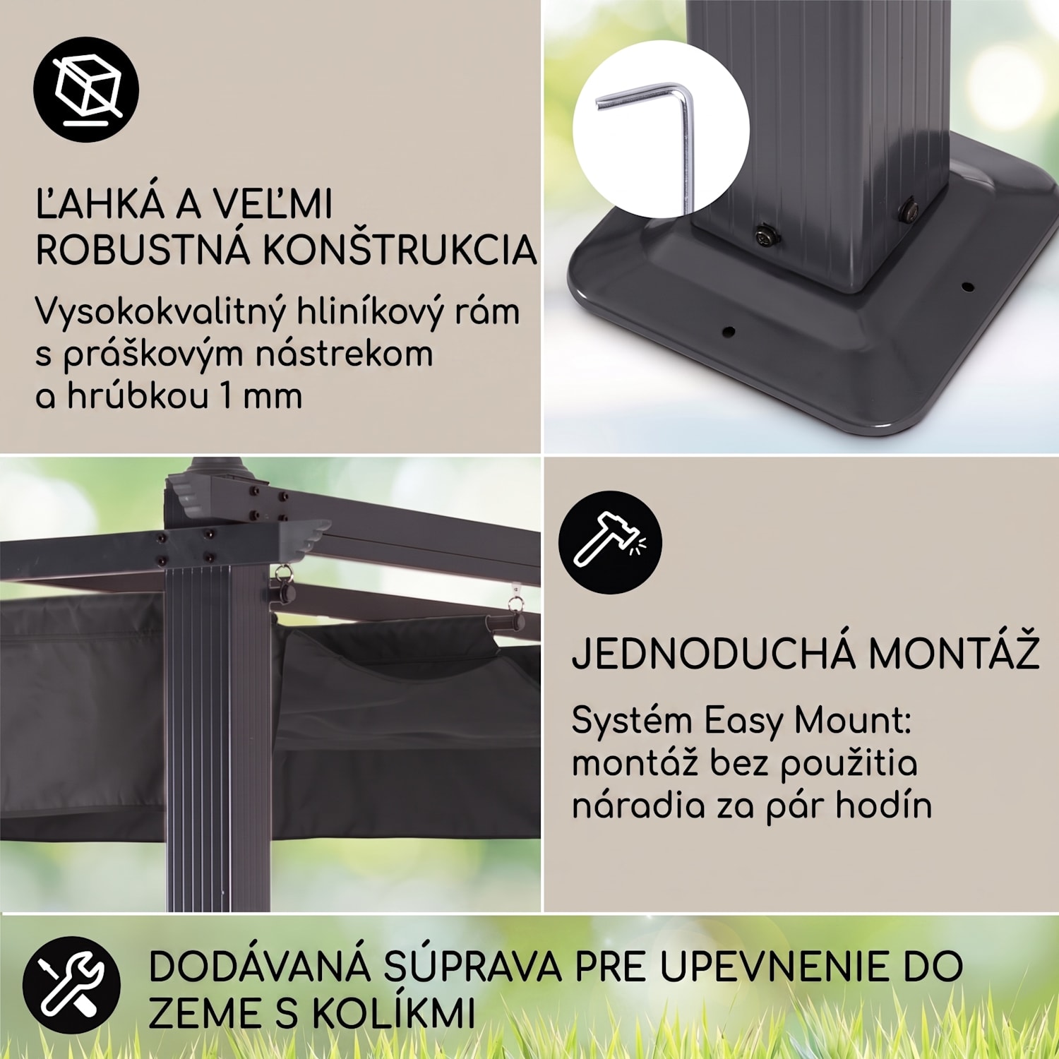 Pantheon, pergola, prístrešok, 3 x 6 m, hliník, strieška proti slnku, polyester, sivá 3 x 6 m | Čierna | Šedá