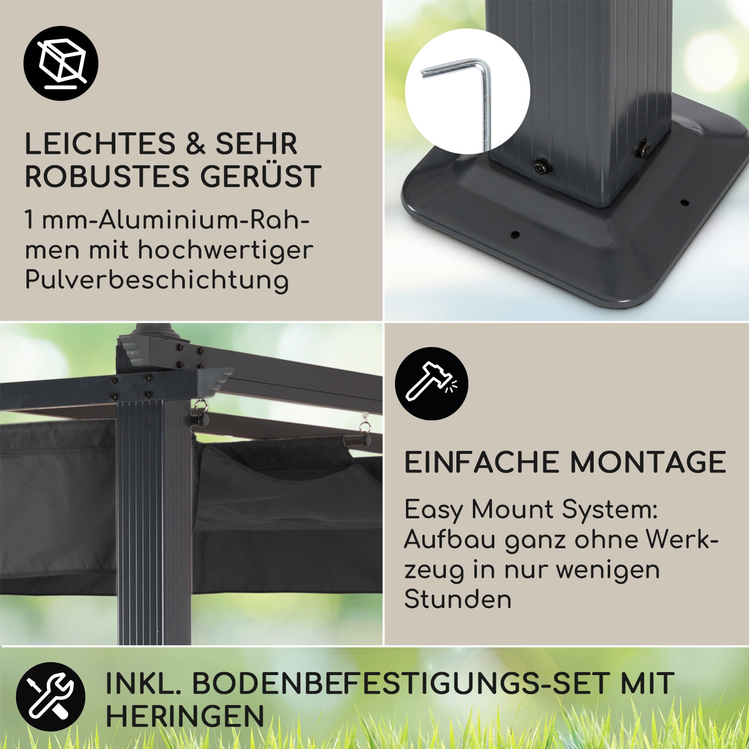 Pantheon 3x4 Pergola Vordach 3x4m Aluminium Sonnendach Polyester grau 3 x 4 m | Schwarz | Grau