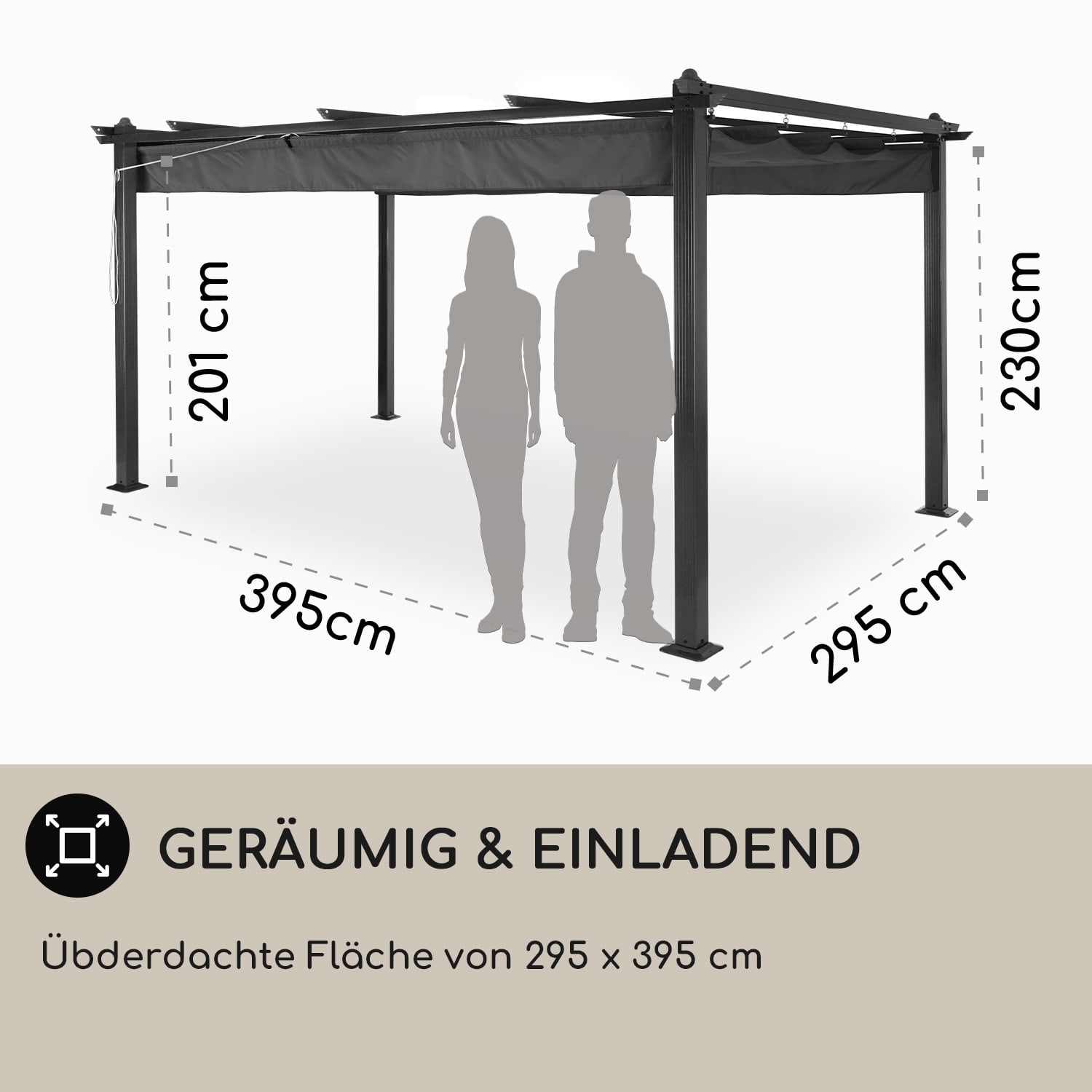 Pantheon 3x4 Pergola Vordach 3x4m Aluminium Sonnendach Polyester grau 3 x 4 m | Schwarz | Grau