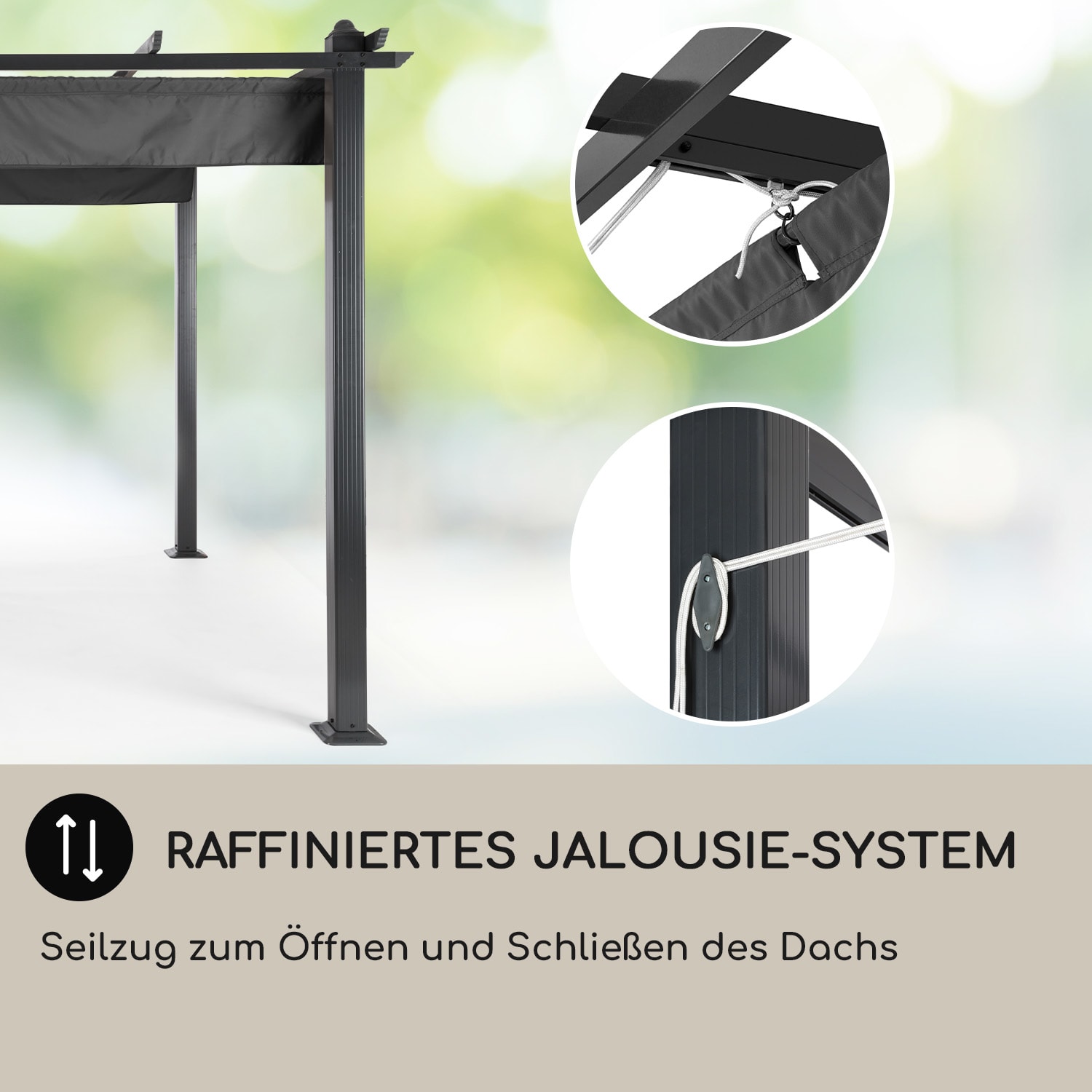 Pantheon 3x4 Pergola Vordach 3x4m Aluminium Sonnendach Polyester grau 3 x 4 m | Schwarz | Grau