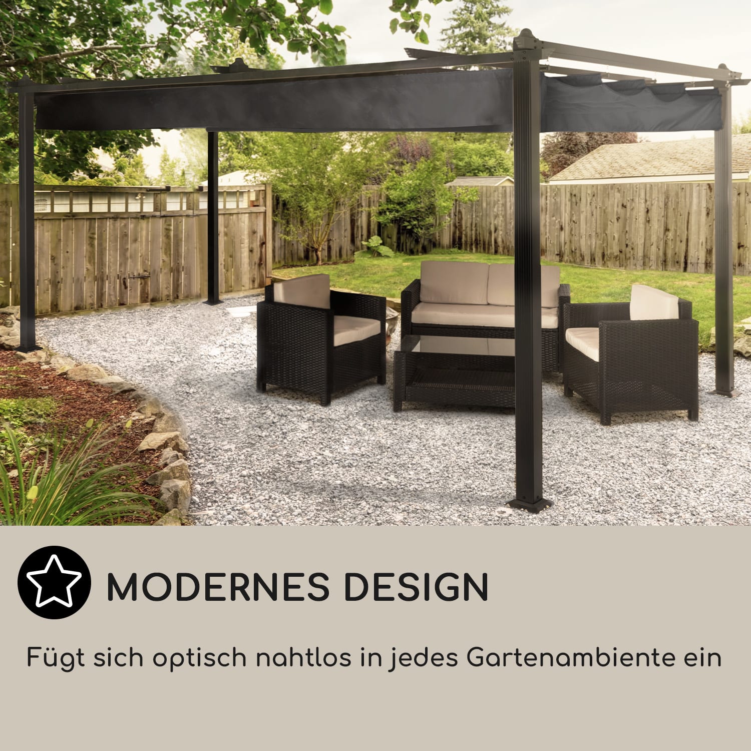 Pantheon 3x4 Pergola Vordach 3x4m Aluminium Sonnendach Polyester grau 3 x 4 m | Schwarz | Grau
