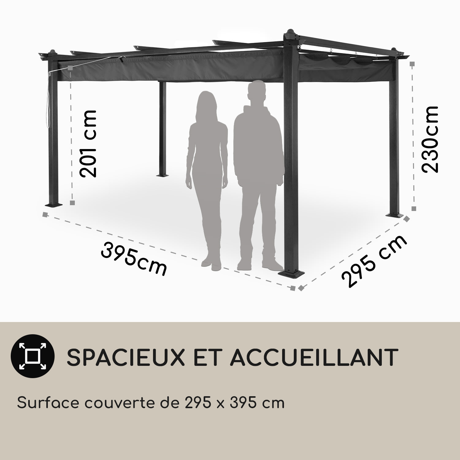 Pantheon Pergola auvent 3x4m aluminium Parasol Polyester - gris 3 x 4 m | Noir | Gris