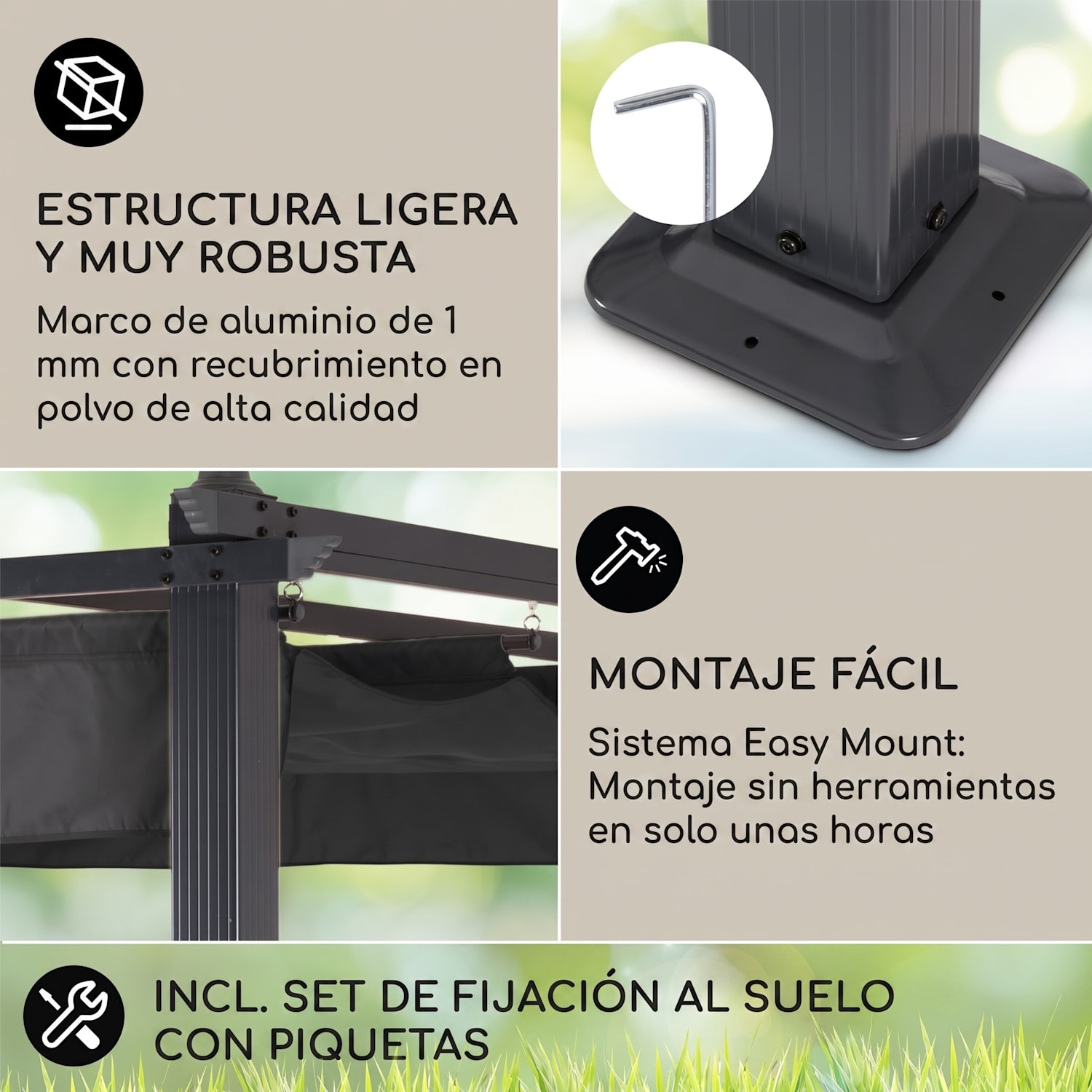 Pantheon 3x4 Pérgola Colgadizo Toldo Cenador Carpa 3x4m Aluminio Toldo Poliéster gris 3 x 4 m | Negro | Gris