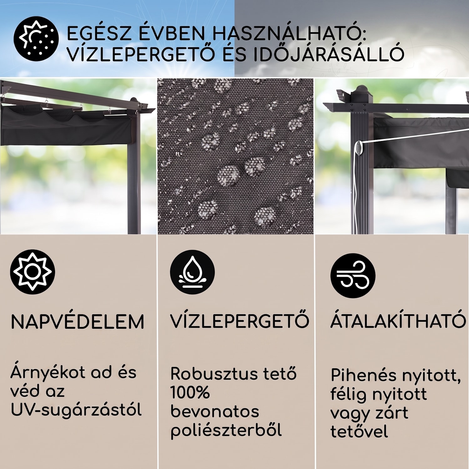 Pantheon, pergola, 3 x 4 m, alumínium, napellenző, poliészter, szürke 3 x 4 m | Fekete | Szürke