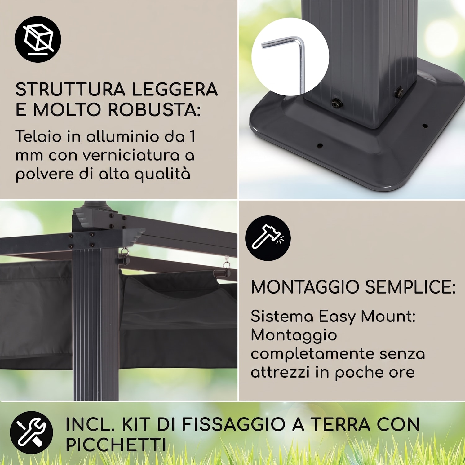 Pantheon 3x4 Pergola Tettoia 3x4m Alluminio Tenda da Sole Poliestere grigio 3 x 4 m | Nero | Grigio